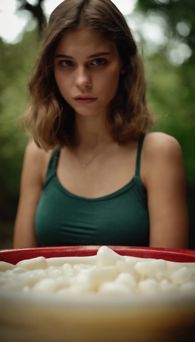 Thin but large breasted teen covered in a gallon of cum. She seems crazed and very excited