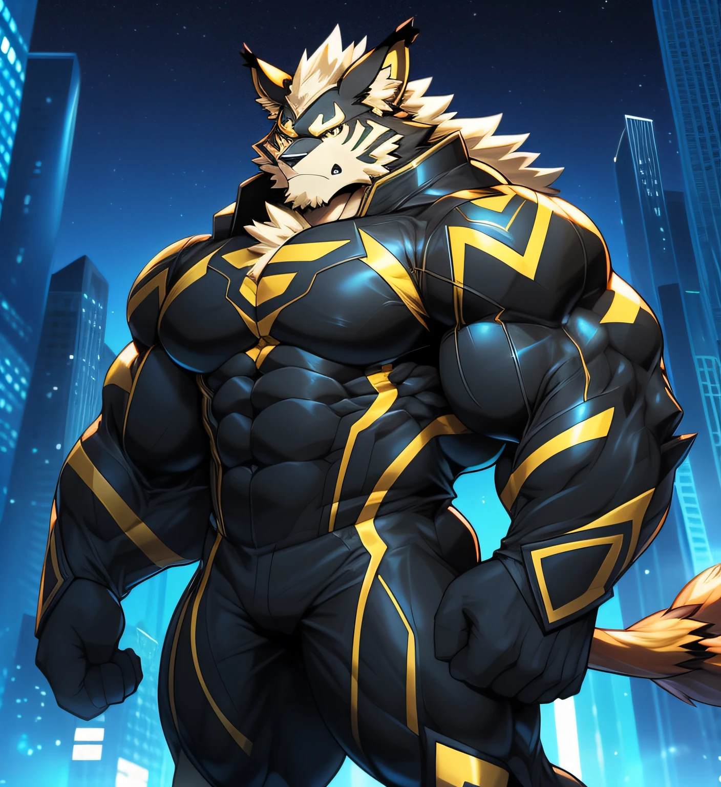 City background, skyscraper, futuristic city, night, stars, night lights, Leomon, Gigachad, super hero, hero, bodysuit, massive muscles, huge pecs, chiseled abs, huge pectorals, exaggeratedly huge muscles. A furry hero whose presence inspires trust and respect. (((His hero costume is black, and dark yellow)