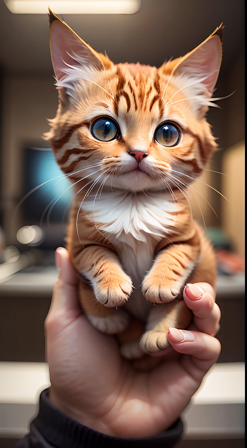 a little cute orange cat on a human hand, mini cat, small cat, giant hand