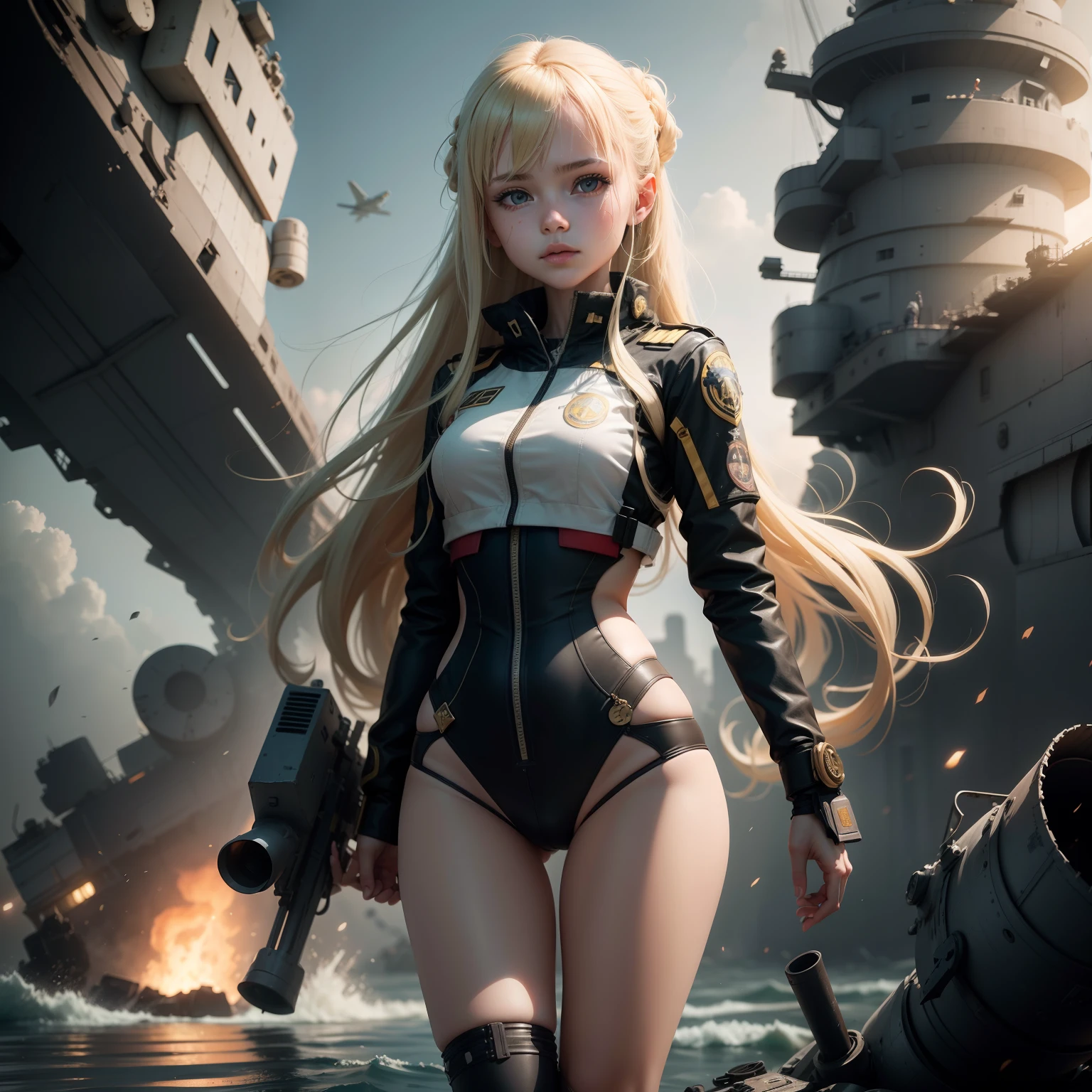 Destroyed aircraft carrier,ukrainian girl , Ukrainian anime girls , , Ukraine , Full body composition of young girl with messy bright blonde hair, eye make up, , Soft lighting, Solo,, badges, Pose, Blotch color, Octane Render, Hyperrealistic intricate detail, Cinematic, 8K resolution, 70mm, Accent Lighting, Global Illumination, Full body portrait, clean detailed faces, poneyTail,Cute face,, Slim legs,combat suit,long court,Presidential attire,Set up a bazooka,