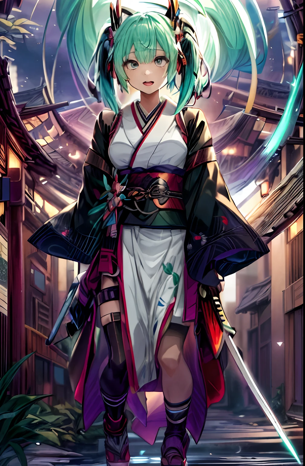 Ahegao、Japanese Katana Sword、Full body、Japanese dress、Kimono Dresses、long、miku hatsune、Green hair、Twin-tailed、Ahegao ( Silly / Sexual ecstasy)、Cross-eyed、Stranger、View other people、Blunt bangs、 over-kneehighs,Ahegao , Silly,Sexual ecstasy,Drunken eyes,Blunt bangs, Green hair,(masutepiece:1.2, Best Quality), (finely detailed beautiful eye: 1.2), (Detailed background,Dark Fantasy), (beautifull detailed face), High contrast, (Best Illumination, extremely delicate and beautiful), ((Cinematic Light)), Colorful, Hyper Detail, Dramatic light, Intricate details,