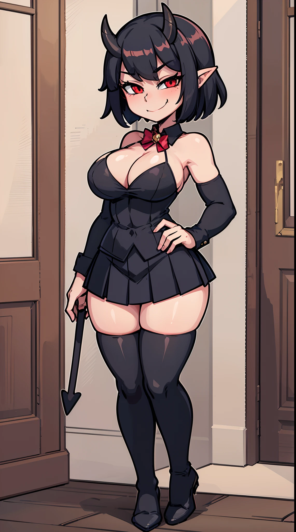 (masterpiece), best quality, 1girl, solo, demon girl, oni horns, petite girl, big breasts, black hair, short hair, pleated skirt, thigh high socks, smug smile, (cartoon style)