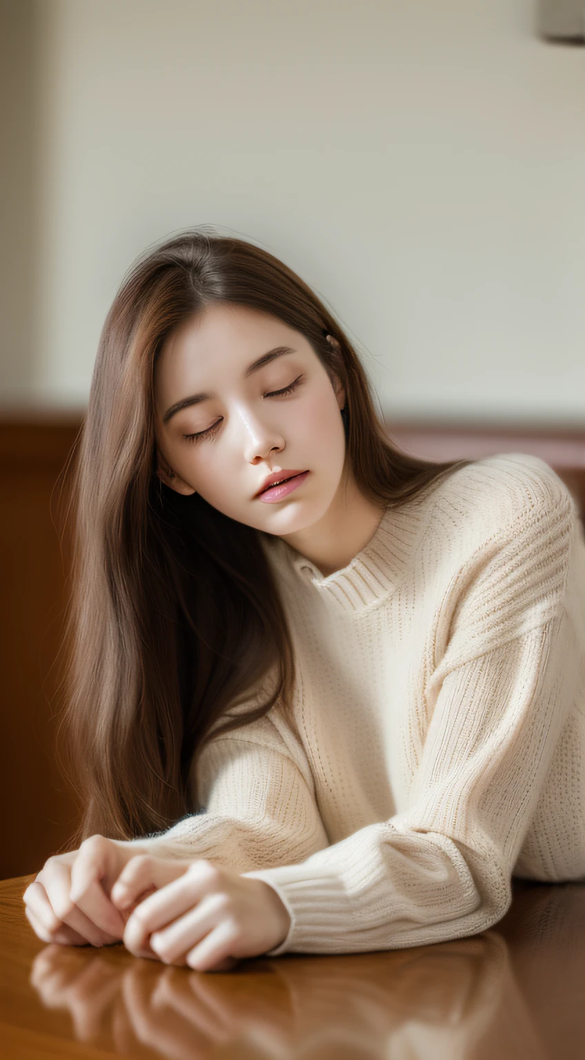 (RAW photo, Best quality), (Realistic, photo-realistic:1.2),High quality, (highdetailskin:1.4), 1girll,bending,fall asleep on the table,arm as a pillow,Sweaters,huge tit