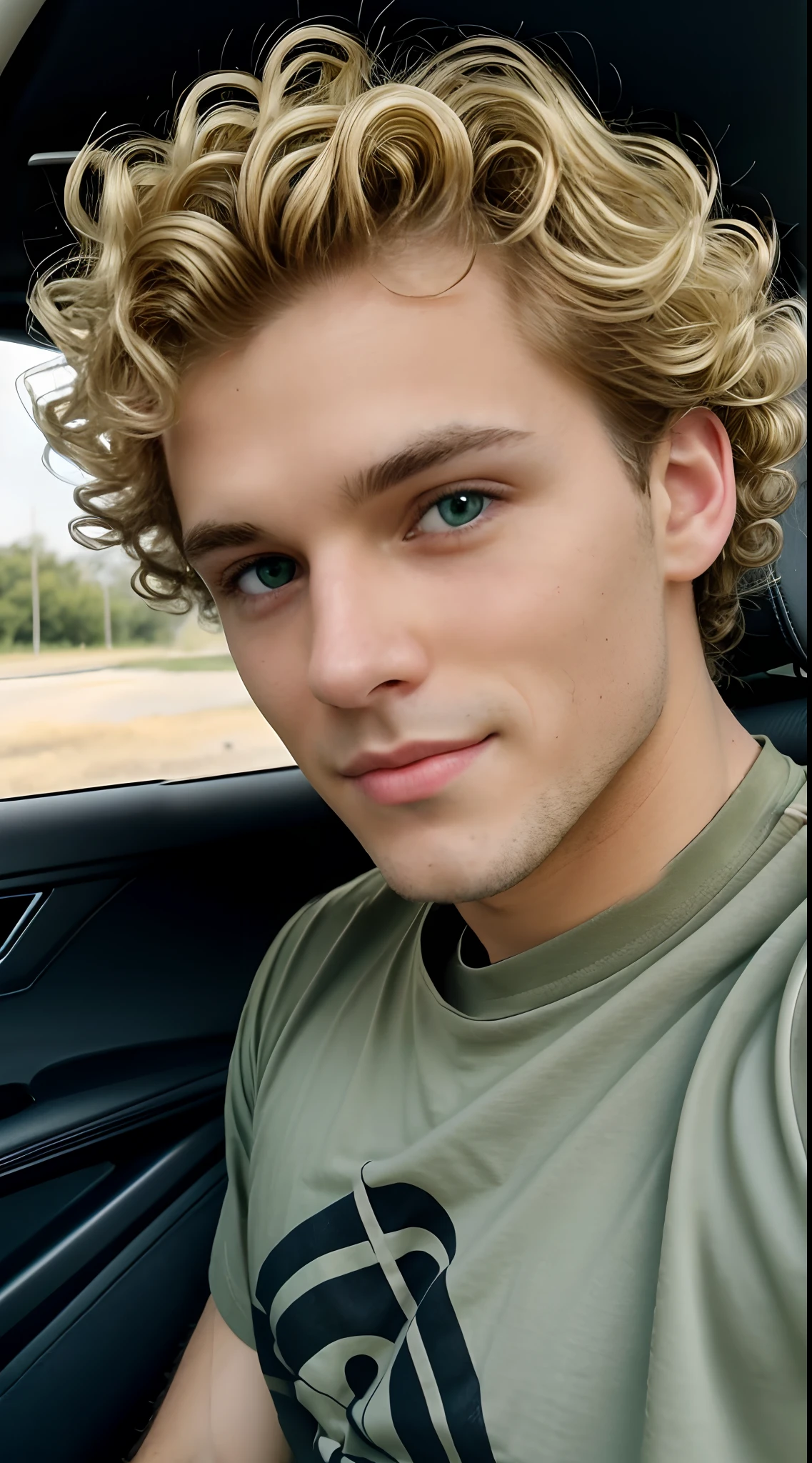 close up selfie, young man, (blonde curly hair:1.3), green eyes, clean shaved, cute, beautiful, skinny, black t-shirt, in car