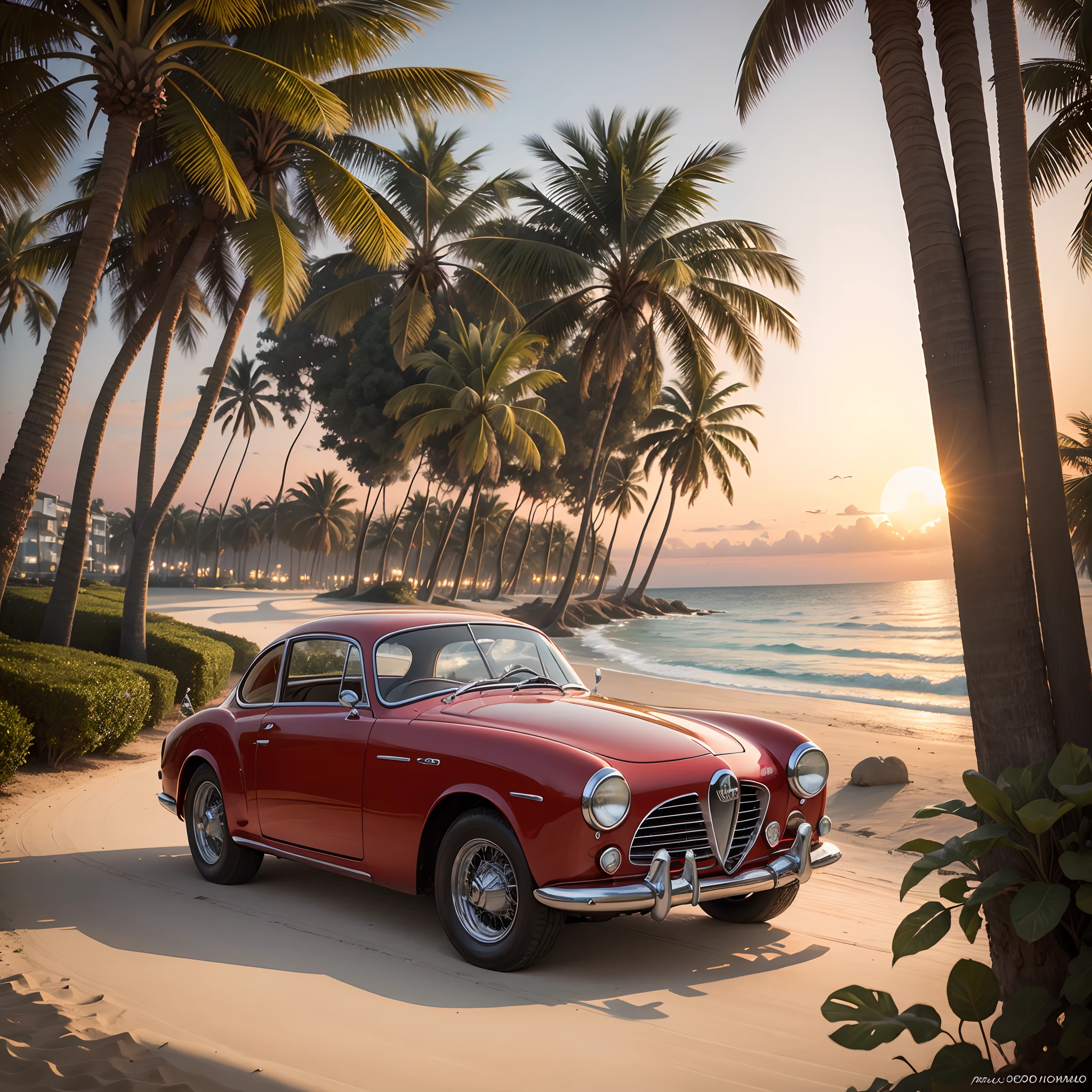 1955 Alfa Romeo 1900 C in a Beach surrounded by Palm trees tava sunset.