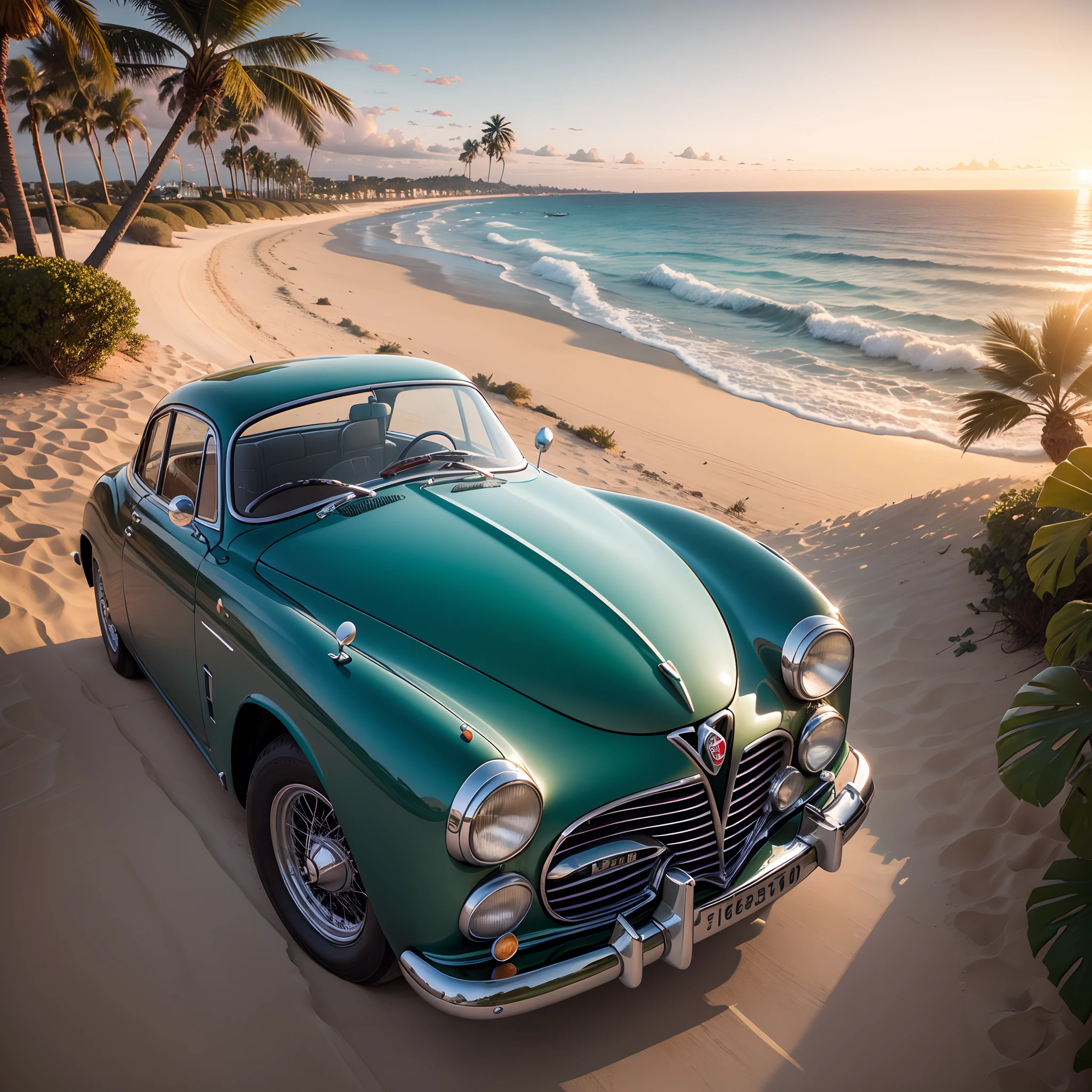 1955 Alfa Romeo 1900 C in a Beach surrounded by Palm trees tava sunset.