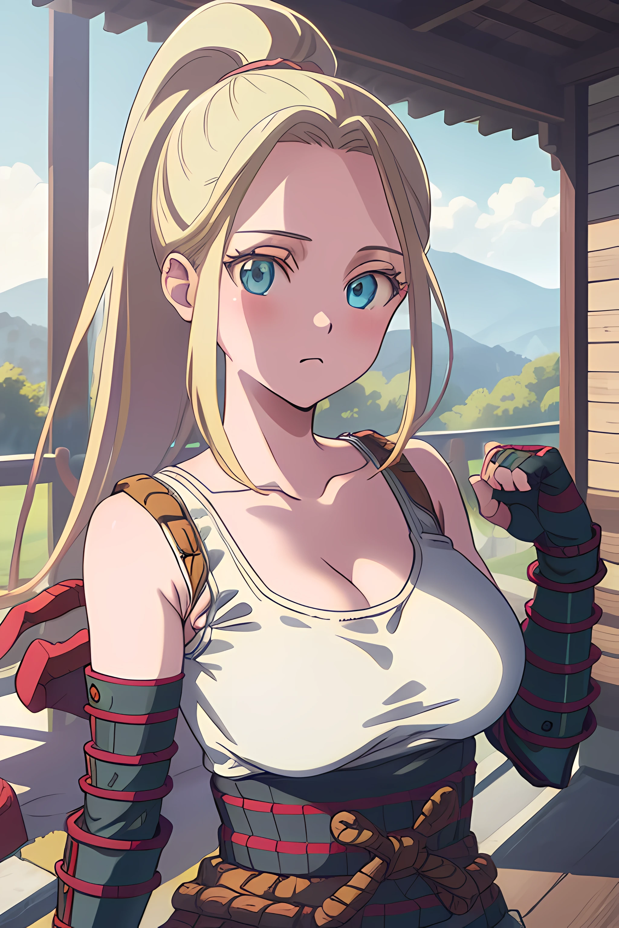 beatrixamerhauser, beatrix amerhauser, long hair, blue eyes, blonde hair, gloves, ponytail, (medium breast:1.2),
BREAK gloves, fingerless gloves, armor, japanese armor, tank top, white tank top, cleavage, collarbone,
BREAK looking at viewer,
BREAK outdoors,
BREAK (masterpiece:1.2), best quality, high resolution, unity 8k wallpaper, (illustration:0.8), (beautiful detailed eyes:1.6), extremely detailed face, perfect lighting, extremely detailed CG, (perfect hands, perfect anatomy),