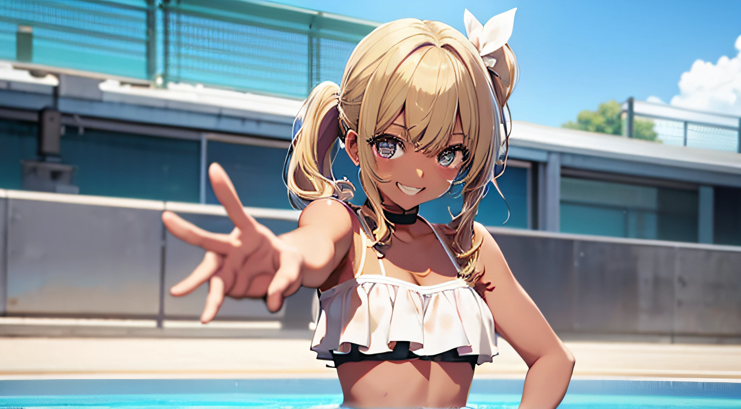 frill bikini、dark tan skin、Hairstyle is ponytail、Hair color is blonde、The place is half occupied by the pool、Embarrassed girl while laughing、No accessories on、No hat、Here I look at the camera with my hands outstretched