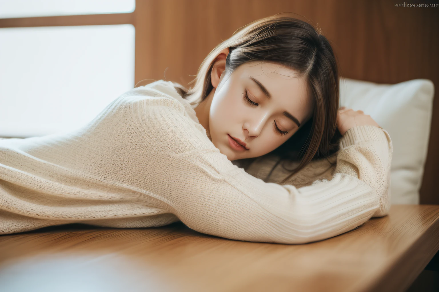 (RAW photo, Best quality), (Realistic, photo-realistic:1.2),High quality, (highdetailskin:1.4), 1girll，curving,fell asleep on the table,The arm serves as a pillow,Sweaters，huge tit