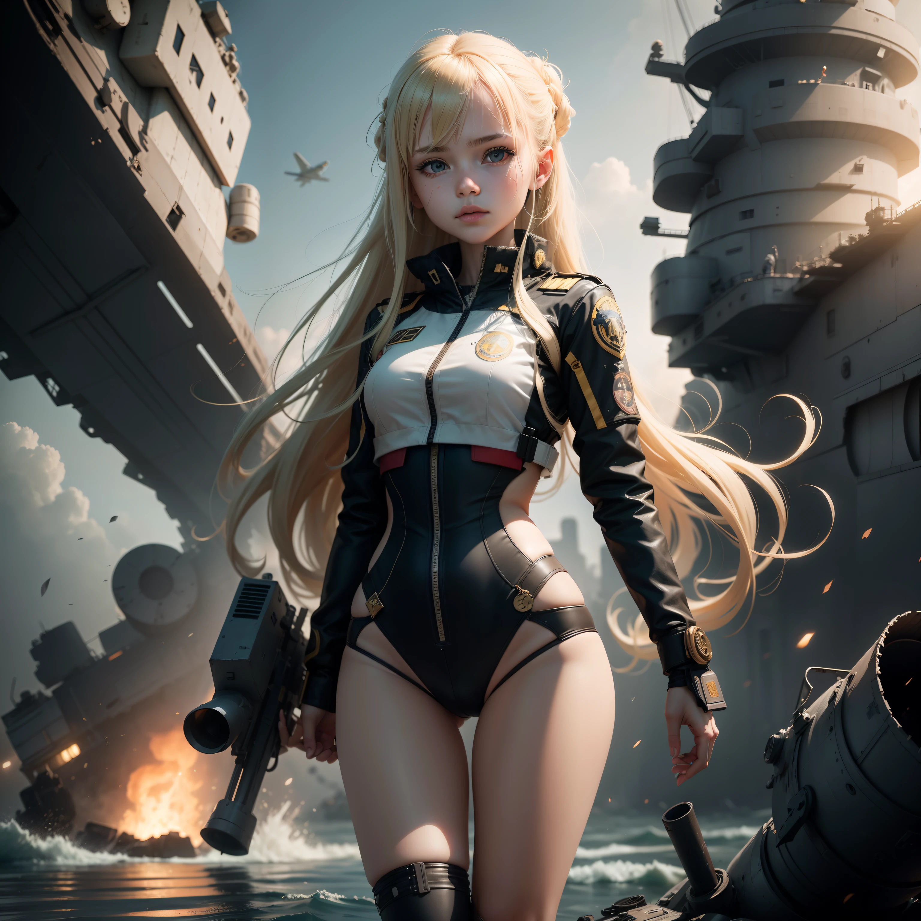 Destroyed aircraft carrier,ukrainian girl , Ukrainian anime girls , , Ukraine , Full body composition of young girl with messy bright blonde hair, eye make up, 13 year old, Soft lighting, Solo,, badges, Pose, Blotch color, Octane Render, Hyperrealistic intricate detail, Cinematic, 8K resolution, 70mm, Accent Lighting, Global Illumination, Full body portrait, clean detailed faces, poneyTail,Cute face,, Slim legs,Combat Armor,long court,Battleship Deck,