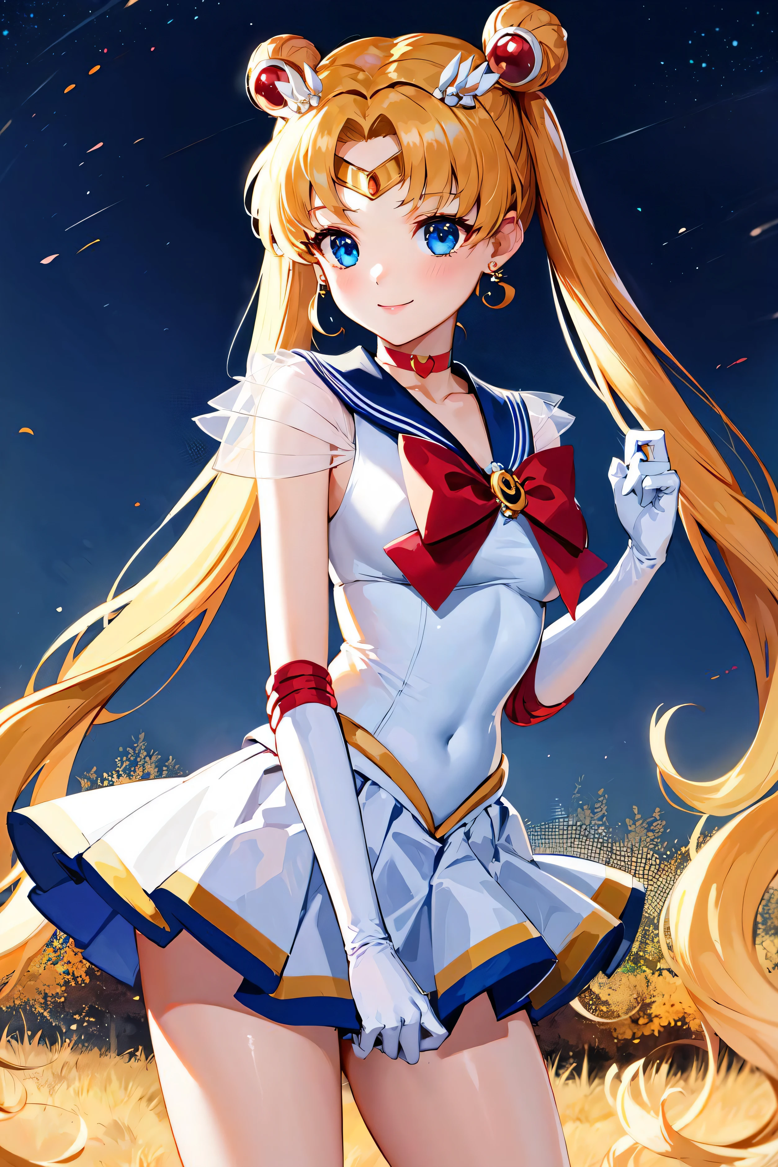masterpiece, best quality, highres, 1girl, aausagi, double bun, twintails, parted bangs, hair ornament, circlet, jewelry, earrings, choker, see-through, red bow, white gloves, elbow gloves, multicolored skirt, standing, night, smile, cowboy shot