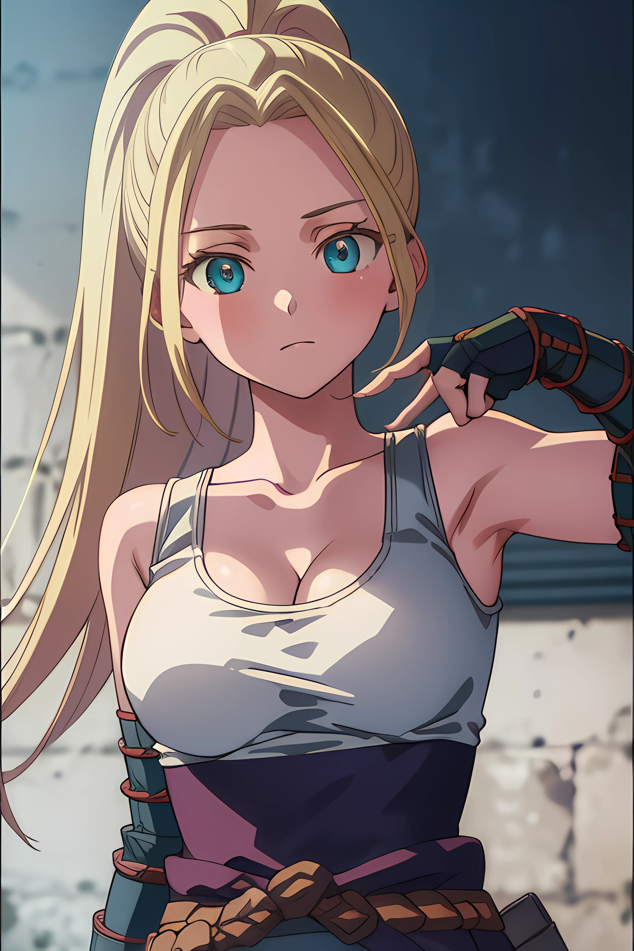 beatrixamerhauser, beatrix amerhauser, long hair, blue eyes, blonde hair, gloves, ponytail, (medium breast:1.2),
BREAK gloves, fingerless gloves, armor, japanese armor, tank top, white tank top, cleavage, collarbone,
BREAK looking at viewer,
BREAK outdoors,
BREAK (masterpiece:1.2), best quality, high resolution, unity 8k wallpaper, (illustration:0.8), (beautiful detailed eyes:1.6), extremely detailed face, perfect lighting, extremely detailed CG, (perfect hands, perfect anatomy),