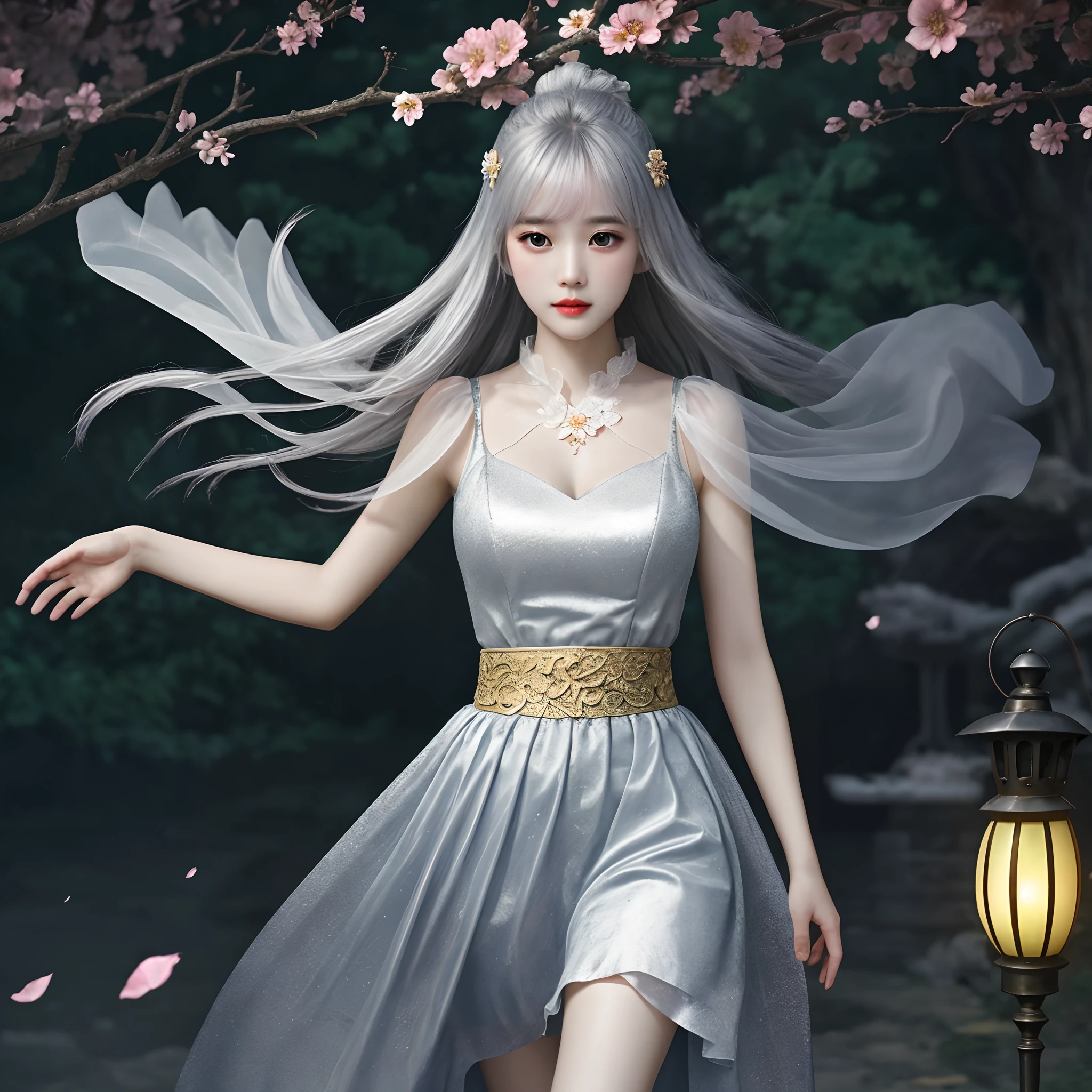 Masterpiece quality, official wallpaper, high-precision CG picture quality, atmospheric antique scene, 1 girl, broken flower skirt, silver hair, golden city wall rising, fluttering Kong Ming lantern, delicate and magnificent