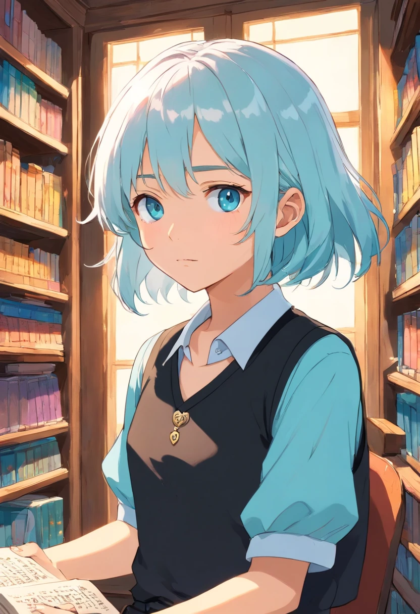 colorful animation stills, masami teraoka, aquamarine, paul gauguin, Embry style, honest portrayal, masterpiece,high quality, (((anime art style))),flat color,looking at viewer,1Girl,child,White hair,SkyBlue eyes,tsurime,medium hair,hair between eyes,White collared shirt,black collared vest,black shorts,Library, messy room,flower,books,expressionless Face,Sun Shine