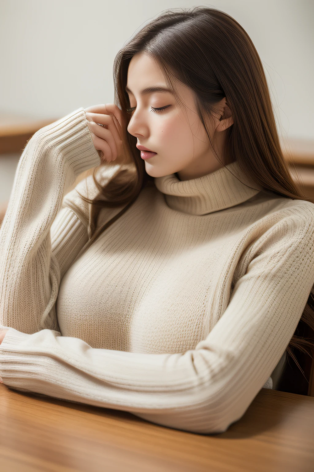(RAW photo, Best quality), (Realistic, photo-realistic:1.2),High quality, (highdetailskin:1.4), 1girll,curving,Fell asleep on the table,The arm is used as a pillow,Sweaters,huge tit