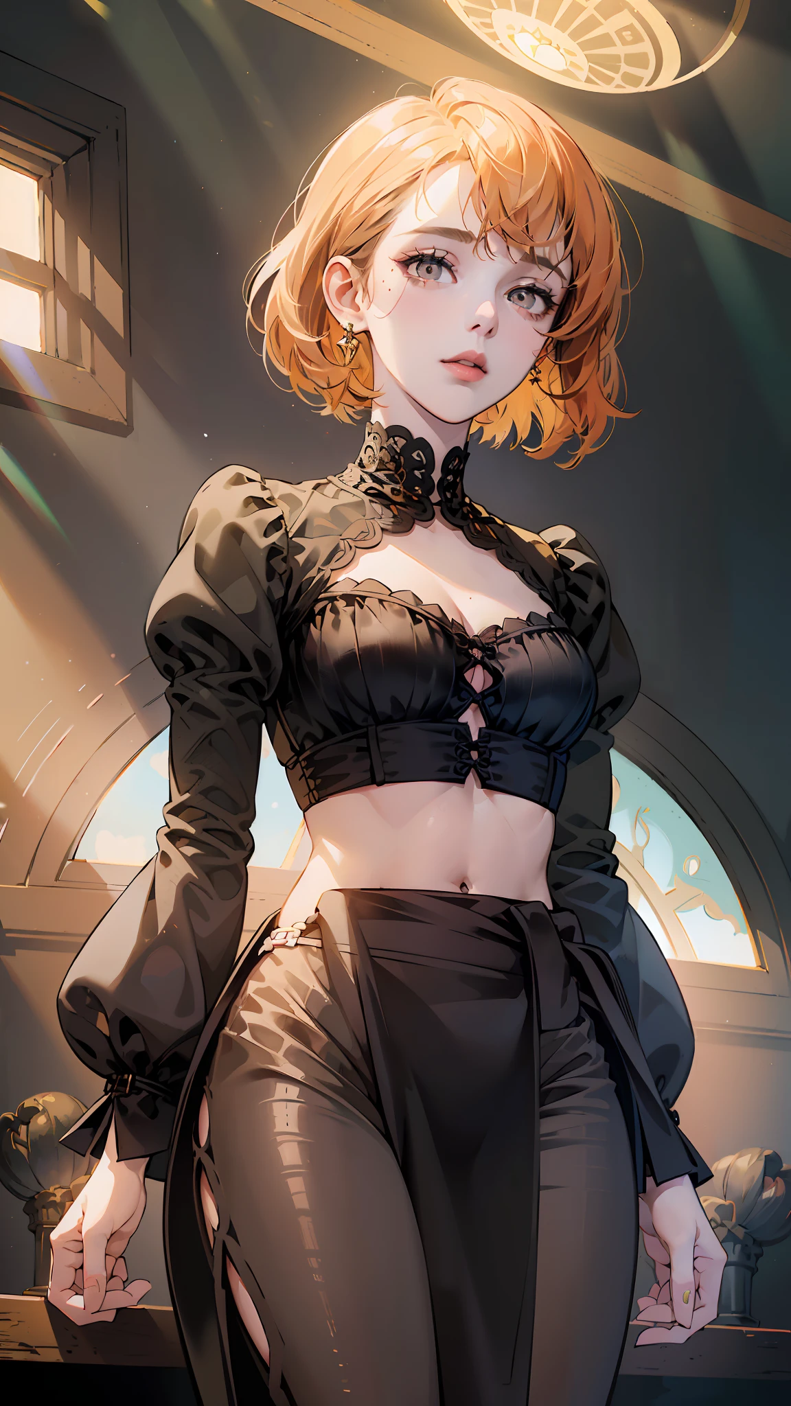 1girl, ((masterpiece)), (photorealistic: 1.4), solo, queen's chair, office shot, bodysuit, royal shoes, orange hair, short hair, sitting in chair, cg game, the room has windows, only one person, unique, face of beauty, divine goddess, shiny skin, skindentation, lace, ((cum in, cum on breasts, earrings, fake animal ears, necklace, pubic hair, skirt aside,  ((spread legs)), transparent pantyhose, transparent shirt, transparent sleeves, transparent, real woman, Realism