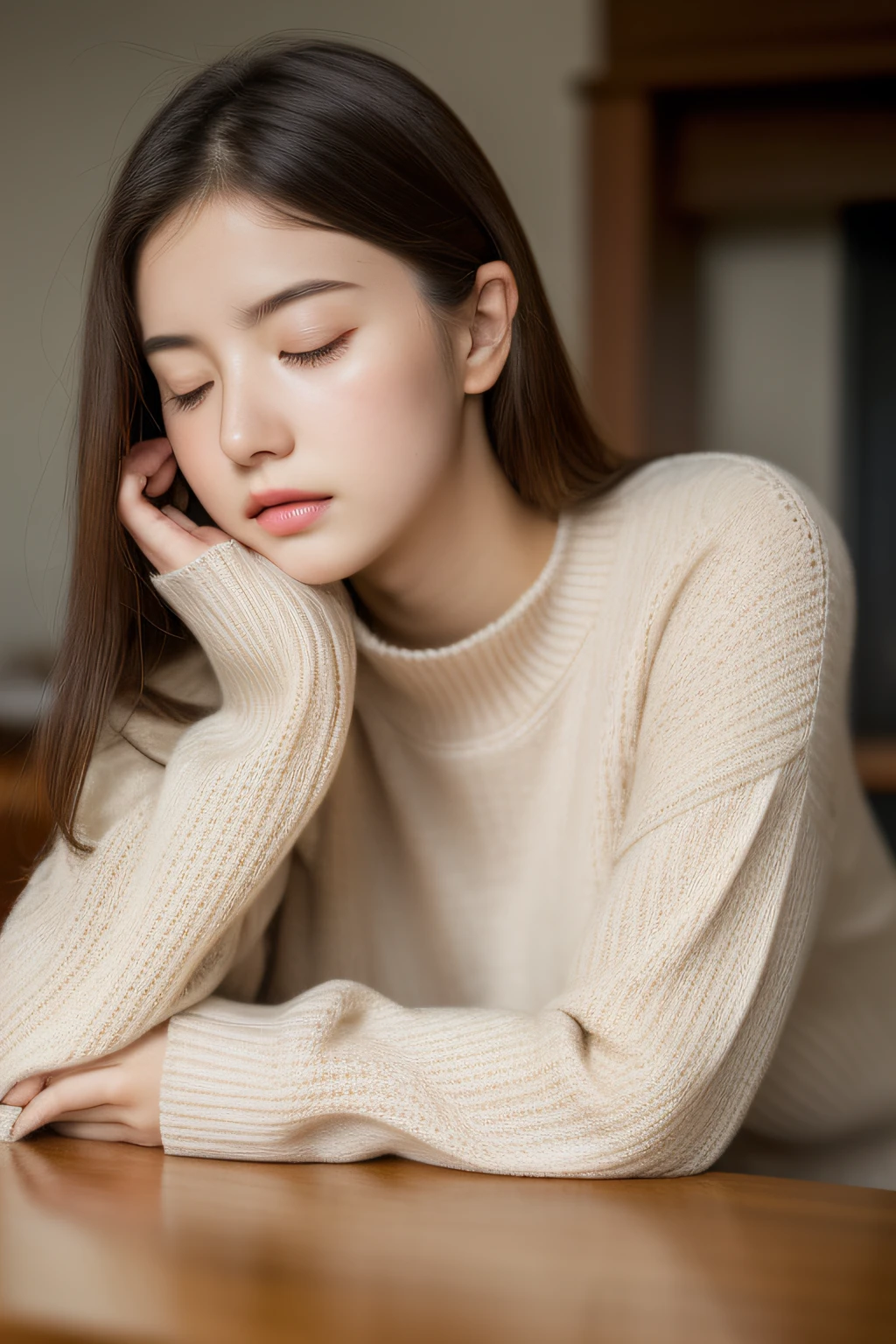 (RAW photo, Best quality), (Realistic, photo-realistic:1.2),High quality, (highdetailskin:1.4), 1girll,curving,Fell asleep on the table,The arm is used as a pillow,Sweaters,huge tit