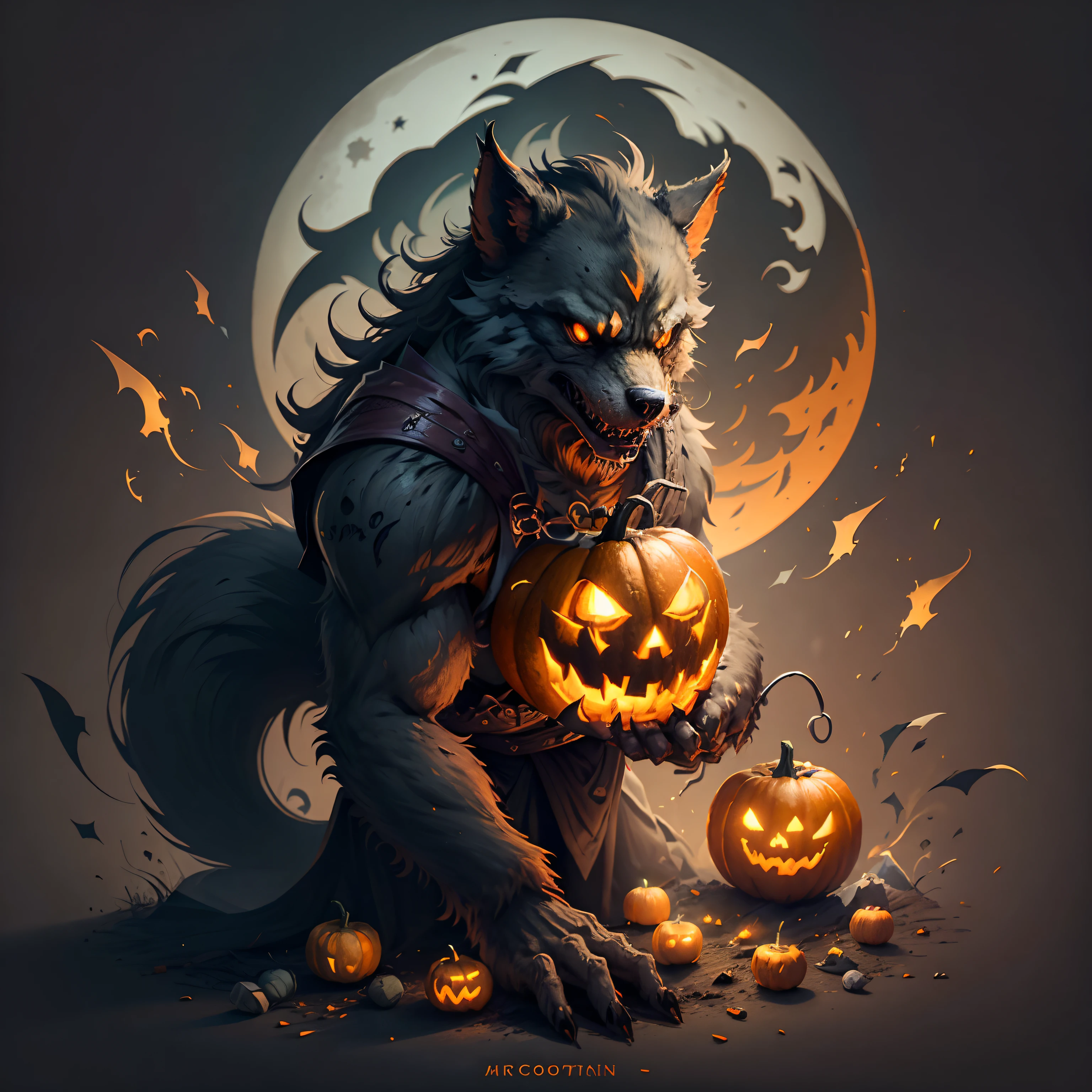 A werewolf with scary pumpkins lantern in halloween theme, vector art, digital painting, white background, printable