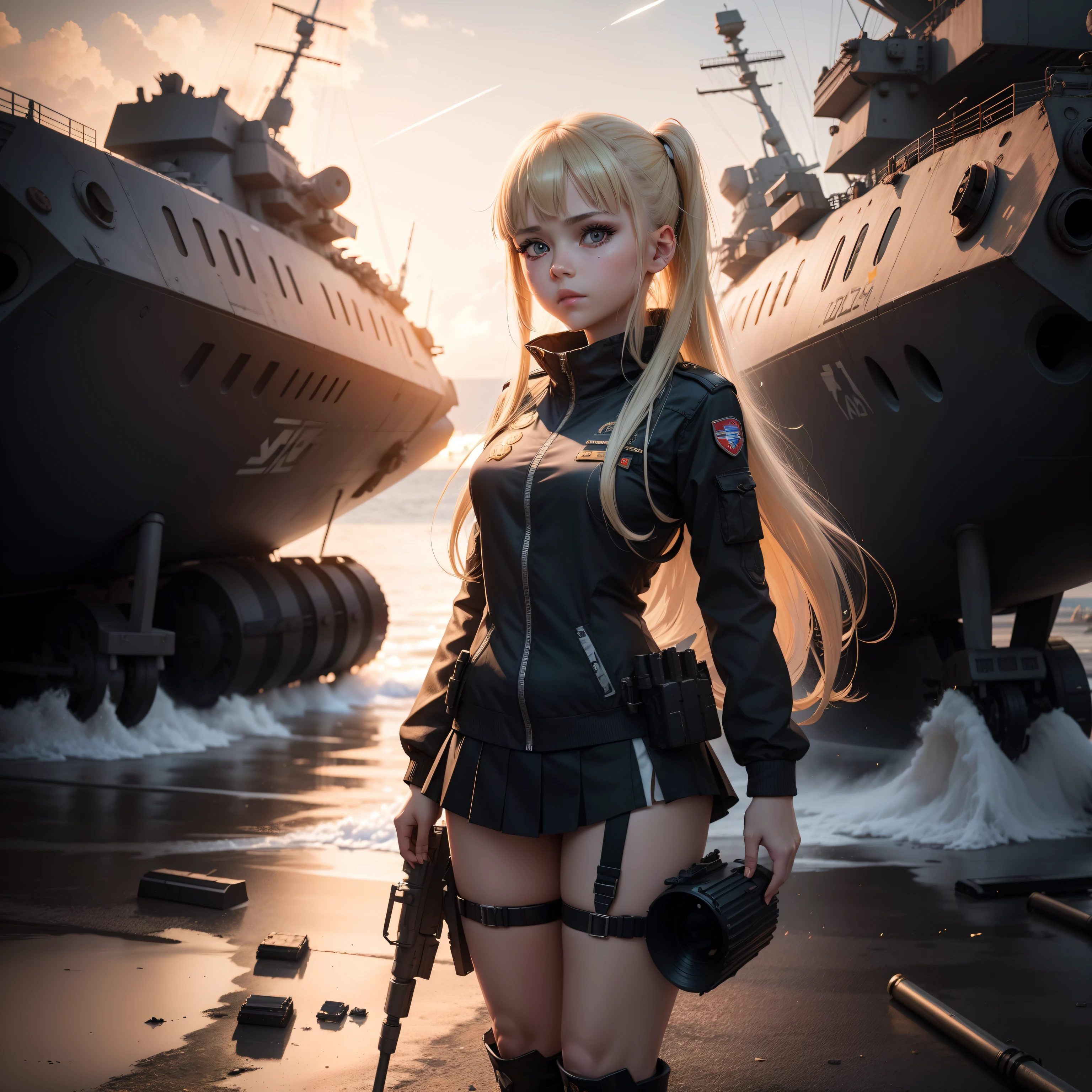Destroyed aircraft carrier,ukrainian girl , Ukrainian anime girls , , Ukraine , Full body composition of young girl with messy bright blonde hair, eye make up, 13 year old, Soft lighting, Solo,, badges, Pose, Blotch color, Octane Render, Hyperrealistic intricate detail, Cinematic, 8K resolution, 70mm, Accent Lighting, Global Illumination, Full body portrait, clean detailed faces, poneyTail,Cute face,, Slim legs,combat suit,long court,Presidential attire,Set up a bazooka,