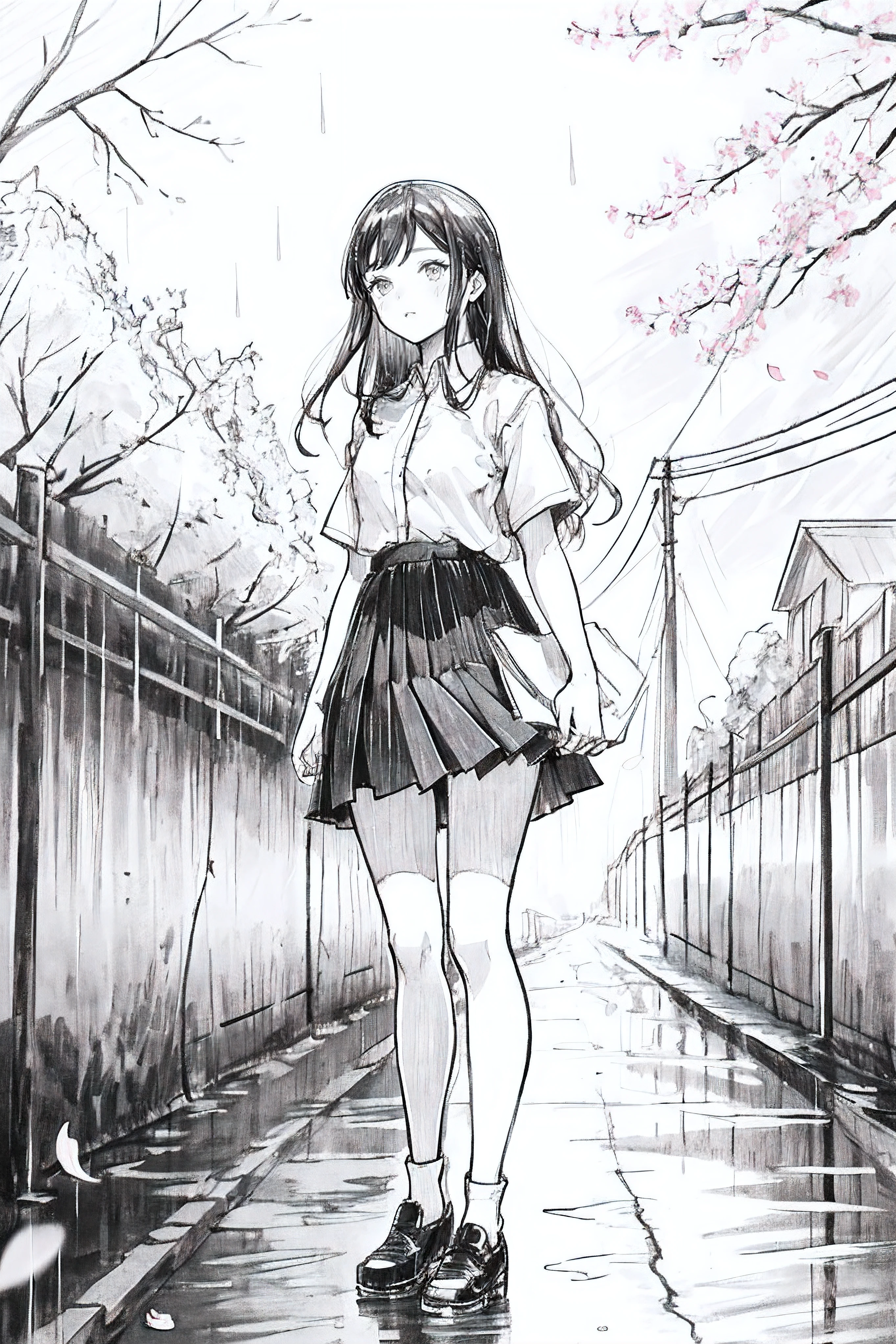 1girl,Line Art,monochrome,sketch,Pencil drawing,traditional media,1girl, black skirt, branch, building, chain-link fence, cherry blossoms, fence, long hair, outdoors, petals, pleated skirt, rain, shirt, short sleeves, skirt, solo, standing, tree,
sky,street