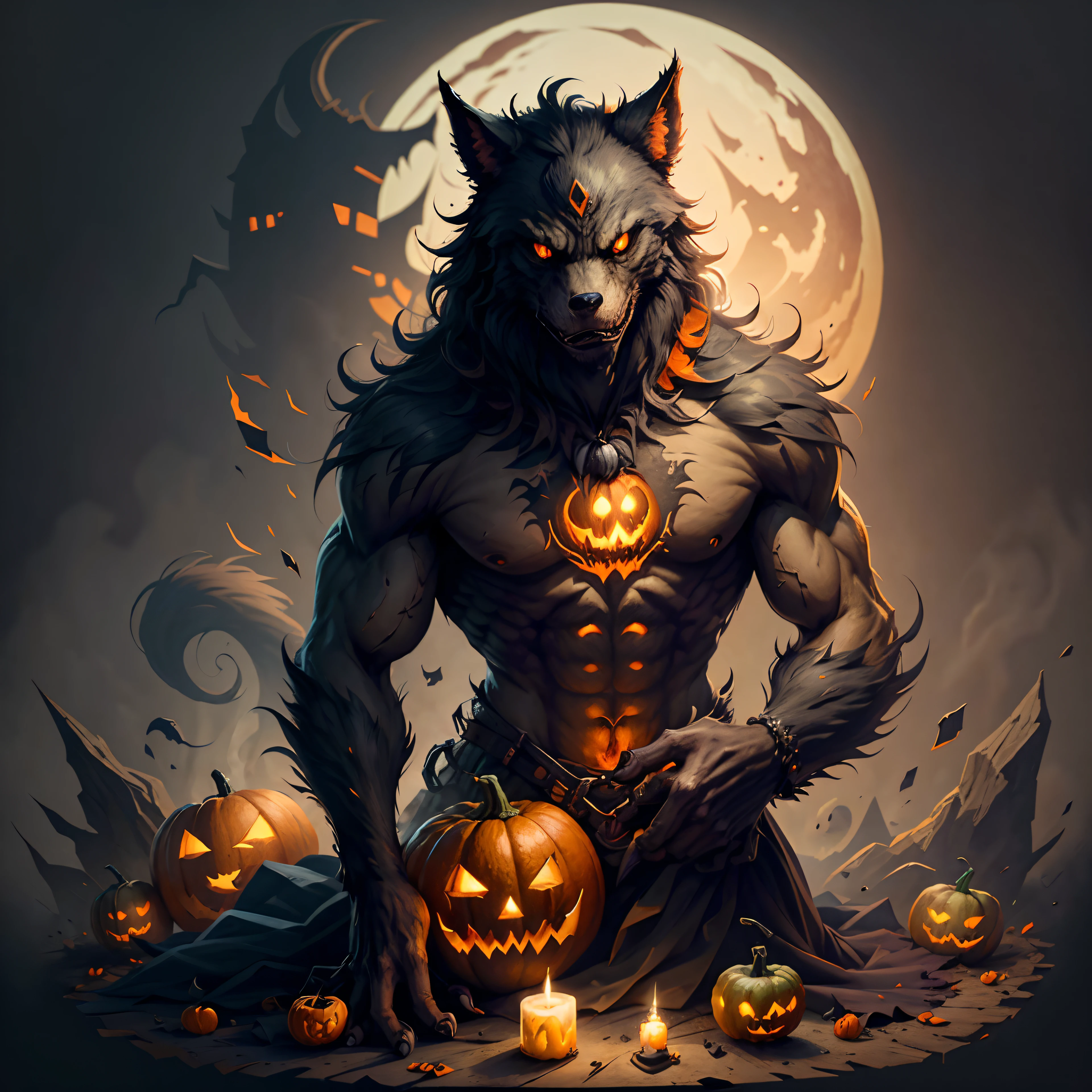 A werewolf with scary pumpkins lantern in halloween theme, vector art, digital painting, white background, printable
