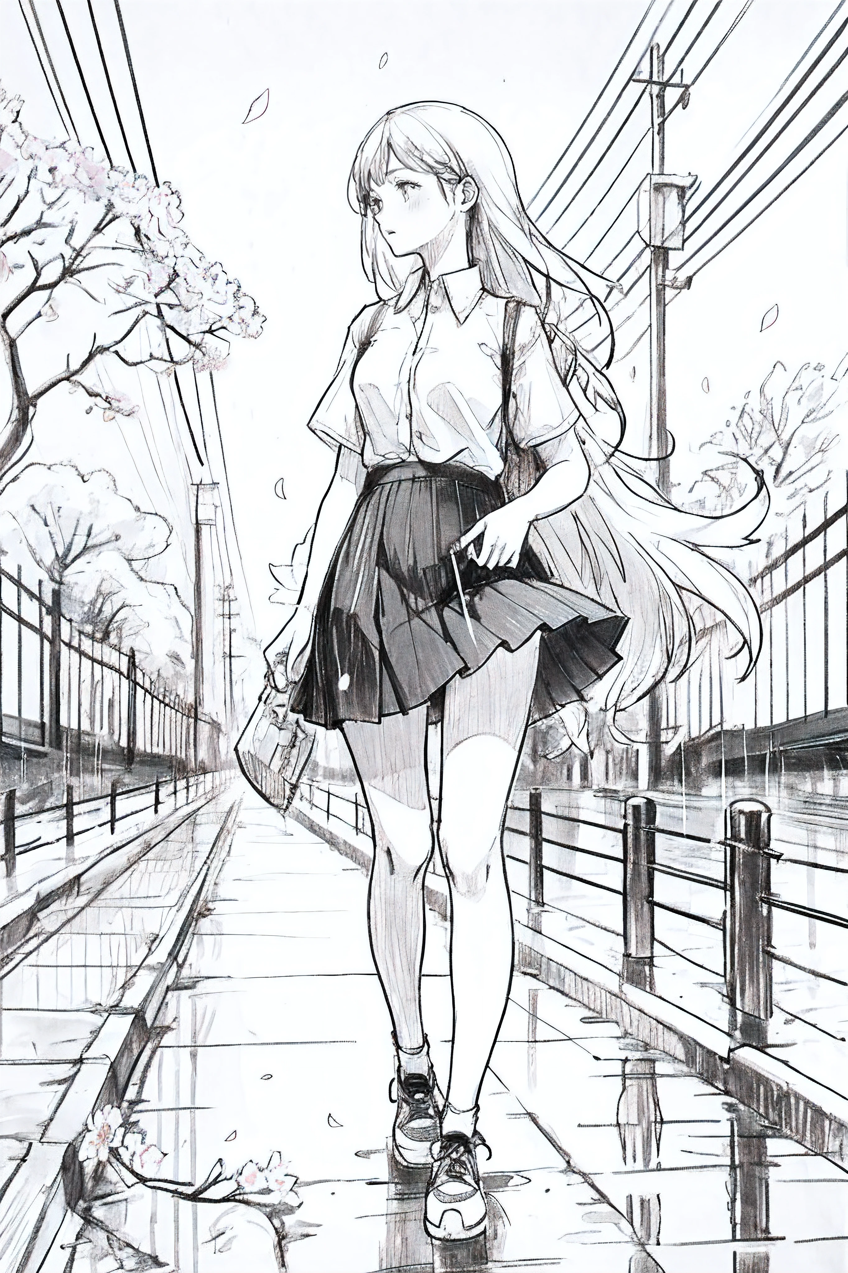 1girl,Line Art,monochrome,sketch,Pencil drawing,traditional media,1girl, black skirt, branch, building, chain-link fence, cherry blossoms, fence, long hair, outdoors, petals, pleated skirt, rain, shirt, short sleeves, skirt, solo, standing, tree,
sky,street