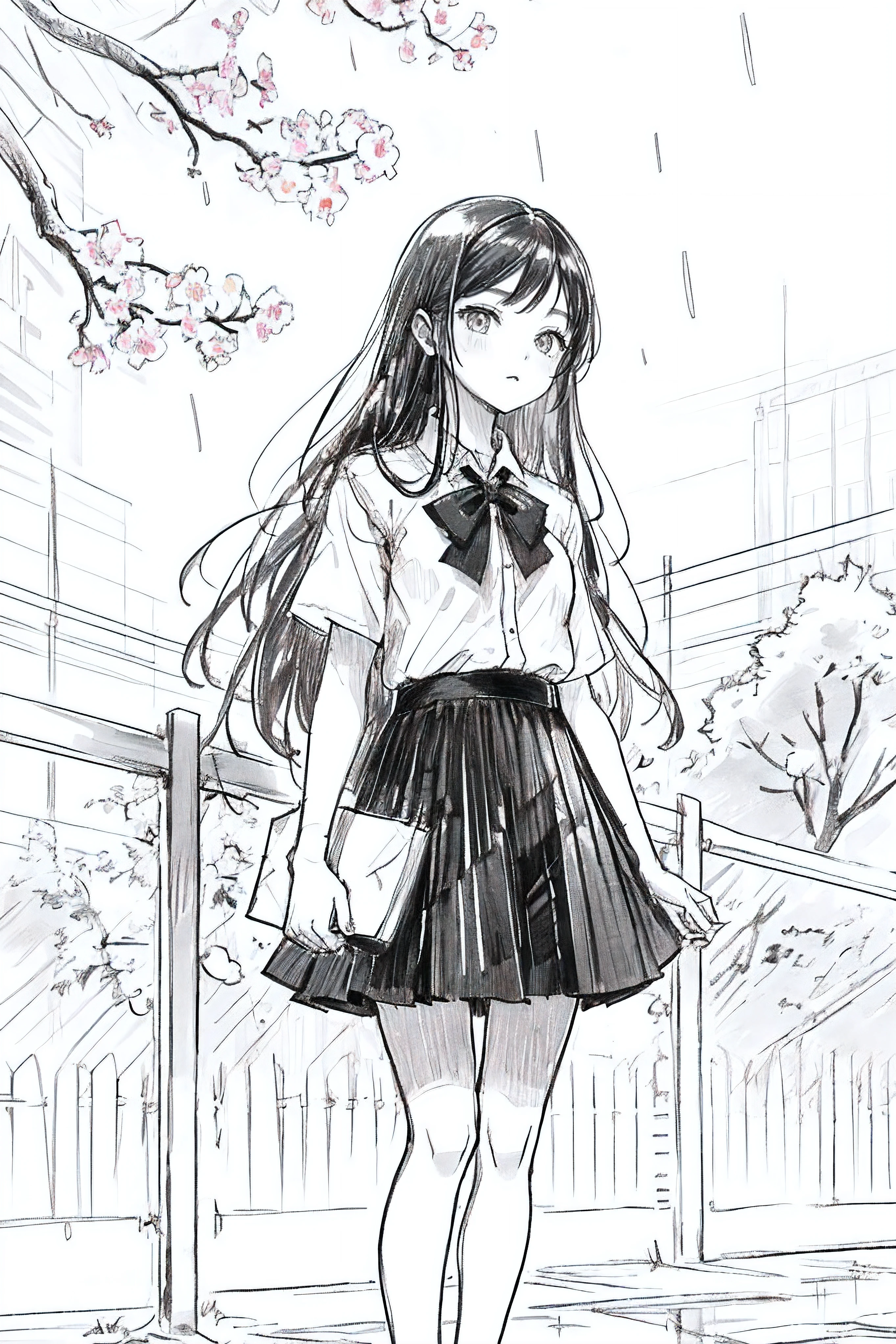 1girl,Line Art,monochrome,sketch,Pencil drawing,traditional media,1girl, black skirt, branch, building, chain-link fence, cherry blossoms, fence, long hair, outdoors, petals, pleated skirt, rain, shirt, short sleeves, skirt, solo, standing, tree,
sky,street