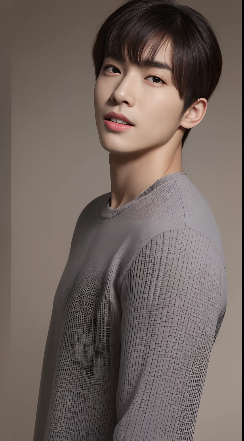 ((Top Quality, 8K, masterpiece: 1.3)), Korean male idols:1.5, 1Man with a, 20yo, Well-formed face, Ultra-fine face, Handsome nose, detailed eyes and face, beautiful lighting, (studio), Hight Resolution, detailed mouth, Sorrisos, s whole body: 1.5, perfect body figure: 1.3, Photo of two arms, Casual outfit