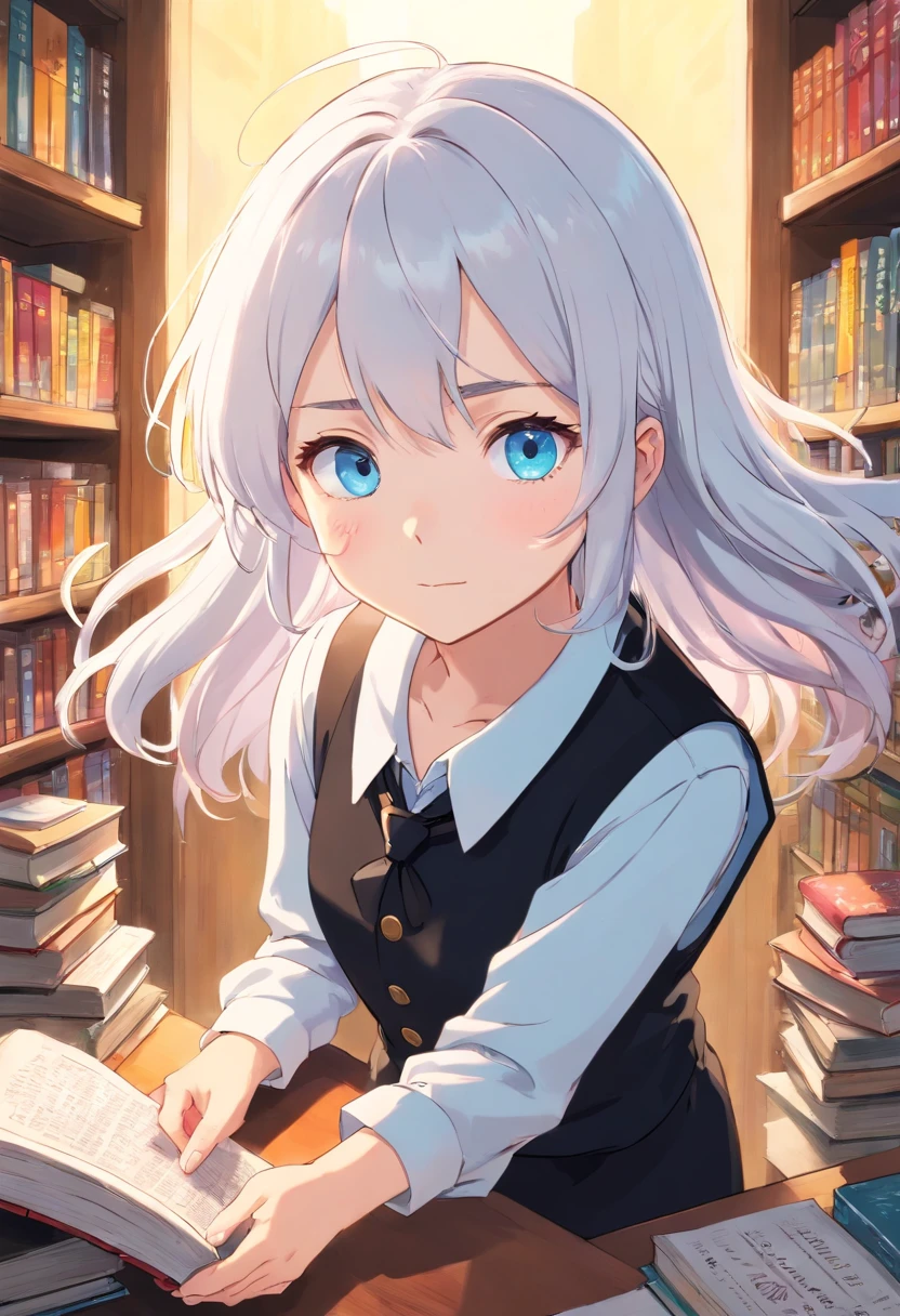 masterpiece,high quality, (((anime art style))),flat color,looking at viewer,1Girl,,White hair,SkyBlue eyes,tsurime,medium hair,hair between eyes,White collared shirt,black collared vest,black shorts,Library, messy room,flower,books,expressionless Face,Sun Shine