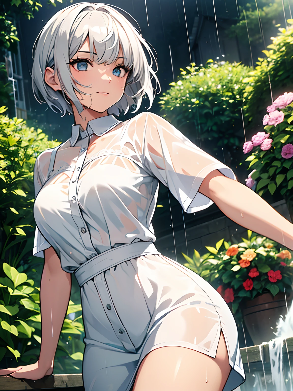 (ultra-realistic, highres, best quality, 4k, professional, cowboy shot), an illustration in Full HD that showcases a 21-year-old girl's cool style, beauty eyes, sharp eyes. Her Asymmetric Pixie hairstyle, silver hair, short hair, and left-facing bangs with red highlights make her stand out. Smile, She's dressed in a fashioned white t-shirts, Short pants, wet skin, wet face, wet dress, wet hair, (rain, rainy), flower garden, exuding confidence and individuality.