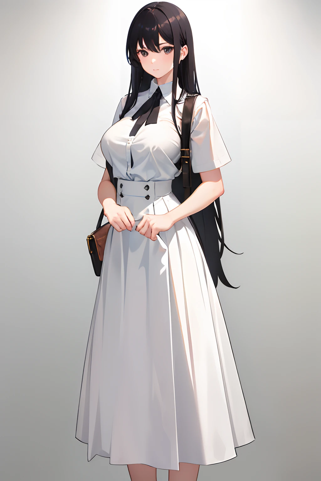 girl wearing white shirt, black hair, long hair, white skirt, black eyes, tight fit, very long skirt, hands holding skirt, big breast