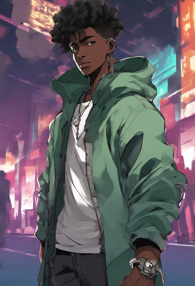 (front focus),anime - style illustration of a man with a tealish green jacket and chain around his waist, "(best quality,ultra-detailed),right hand detailed,(fingerless glove,gloved hands),holding a switchblade" afrofuturism anime, fighting game character, male anime character, city background, sunset gradient background, faded haircut, black teenager, African-American young adult