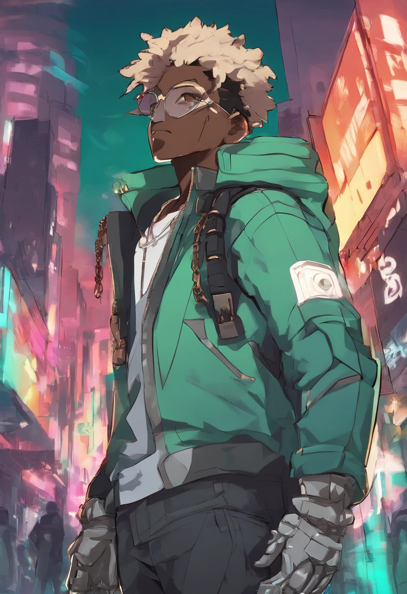 (front focus),anime - style illustration of a man with a tealish green jacket and chain around his waist, "(best quality,ultra-detailed),right hand detailed,(fingerless glove,gloved hands),holding a switchblade" afrofuturism anime, fighting game character, male anime character, city background, sunset gradient background, faded haircut, black teenager, African-American young adult