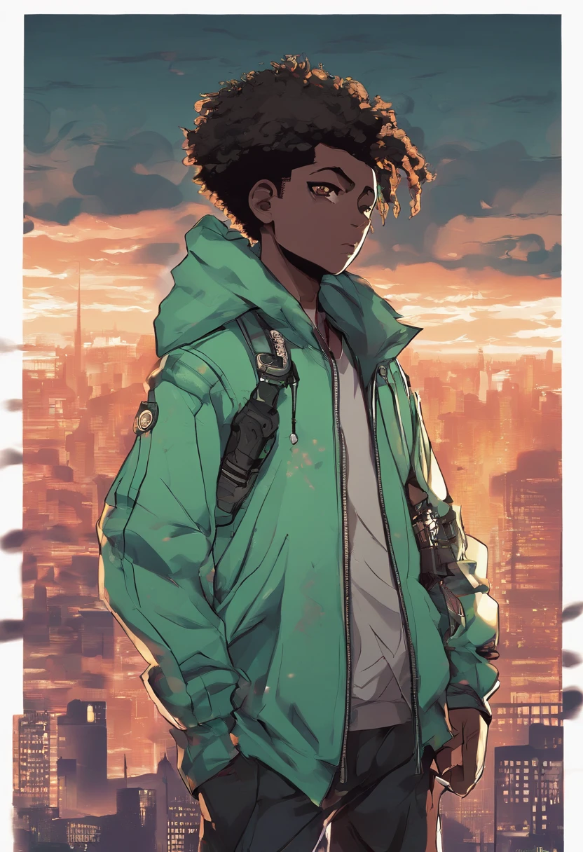 (front focus),anime - style illustration of a man with a tealish green jacket and chain around his waist, "(best quality,ultra-detailed),right hand detailed,(fingerless glove,gloved hands),holding a switchblade" afrofuturism anime, fighting game character, male anime character, city background, sunset gradient background, faded haircut, black teenager, African-American young adult