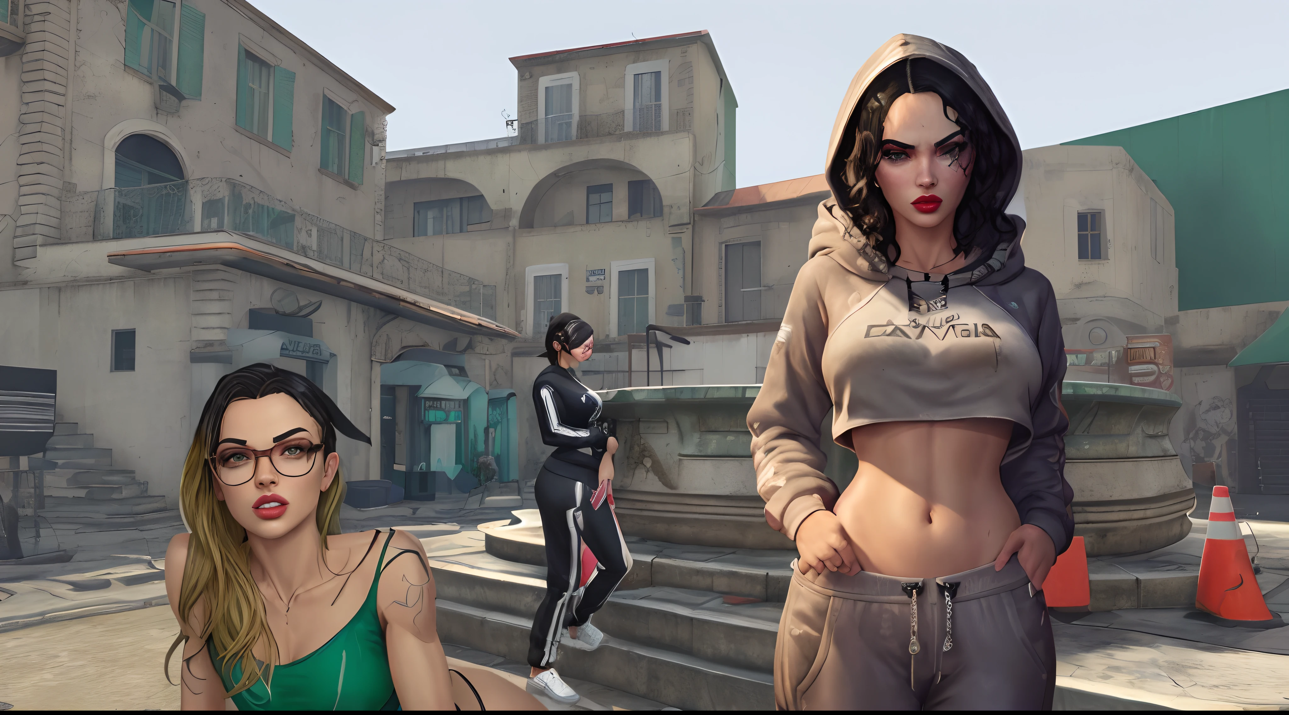 there are two women (Adriana Lima :1.1)  red lips, green eyes standing next to each other near a fountain, gta v street style, as a character from gtav, gta v character, gta character, style of gta v artworks, Adriana Lima  gta v, ray tracing on, chappie in an adidas track suit, Jesica Alba in gta v, as the protagonist of gta 5, screenshot from gta v