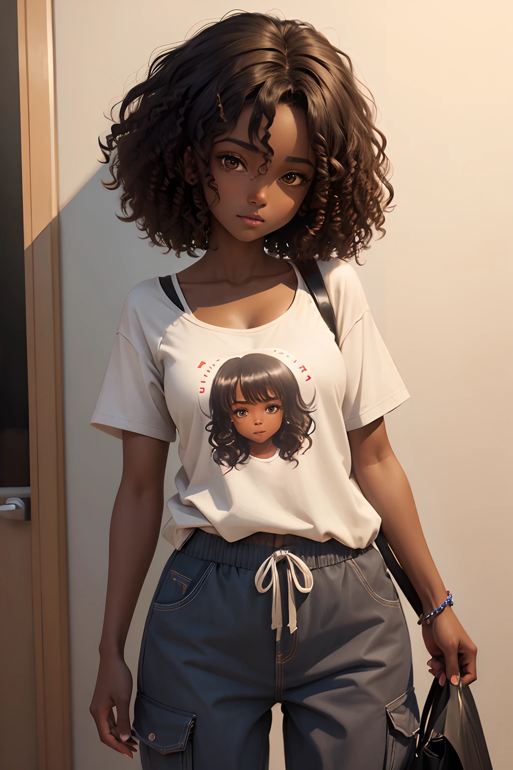 anime happy dark skin girl sketch painting with medium very curly brown hair wearing a baggy clothes