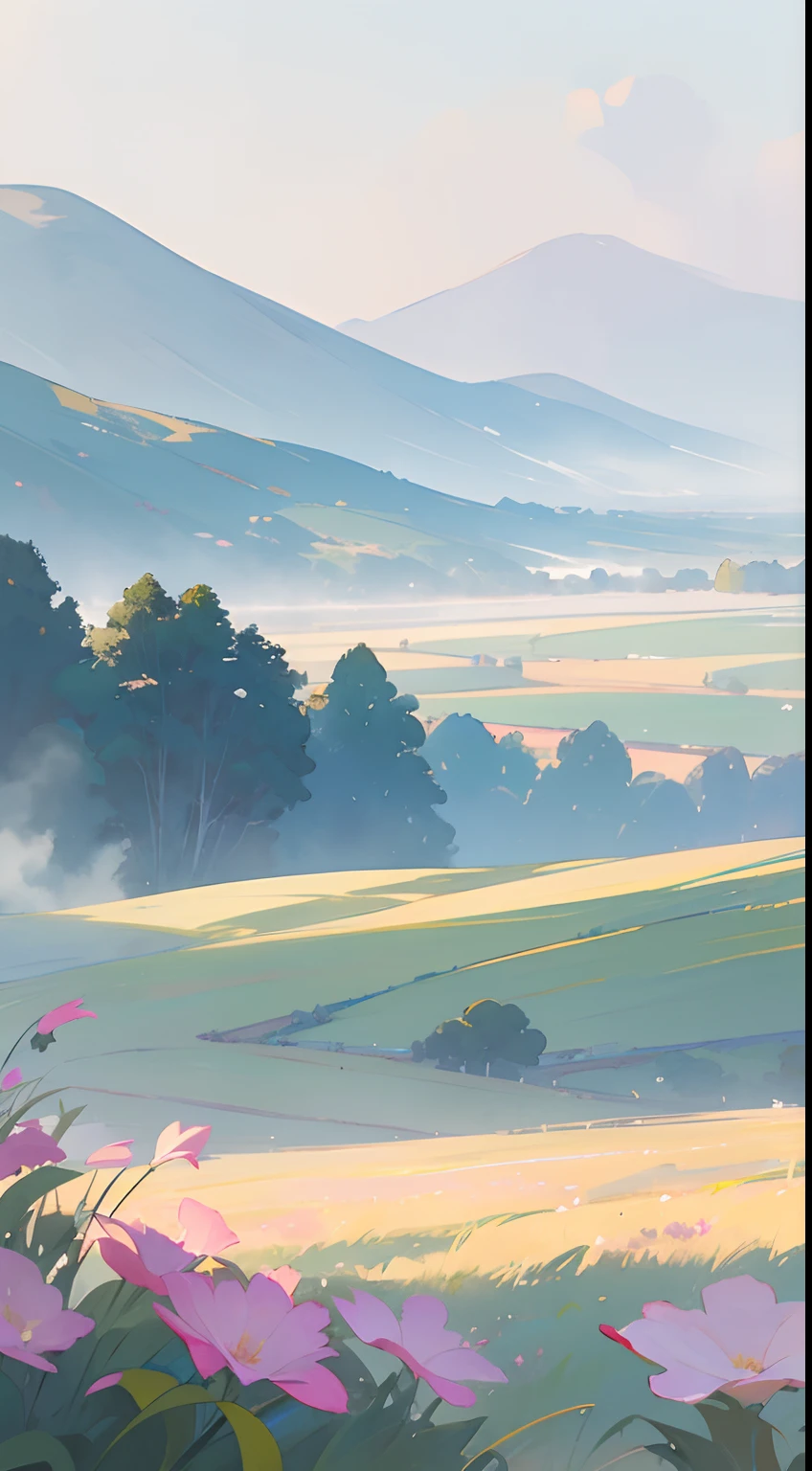 (Watercolor in Sargent style)、(top-quality、masterpiece)、Soft light、Lake District landscape painted on a foggy morning、、Create an ethereal scene in a calm morning misty meadow。Draw delicate and blurry brushwork、Capture the elusive nature of fog、Enhance the serene atmosphere of the countryside、place々flower bloom、