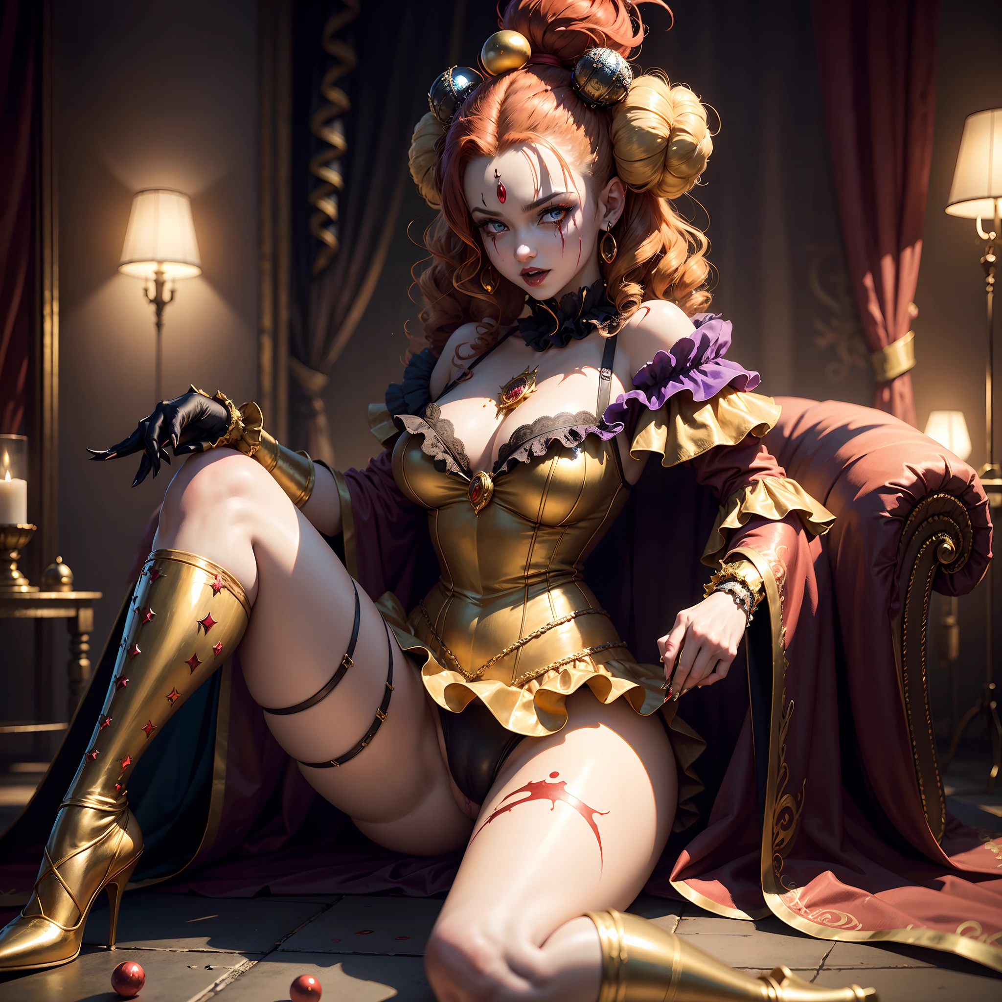 Crazy Clown Queen，sitting on golden throne,Jester cap,Clown costume, mitts,Vibrant colors, burst into laughter, dark gold hair,Cute,Horror,Wavy hair, hair-bun,high-heels。 (It's all blood)，Circus props, spooky ambiance, haunted background。style of surrealism, Sharp contrast,ominous lighting,hdr,hyper HD,Studio lighting,painting-like,Ultra-fine painting,Sharp focus,Physically-based rendering,Extreme detail description,professional,((Horror)).