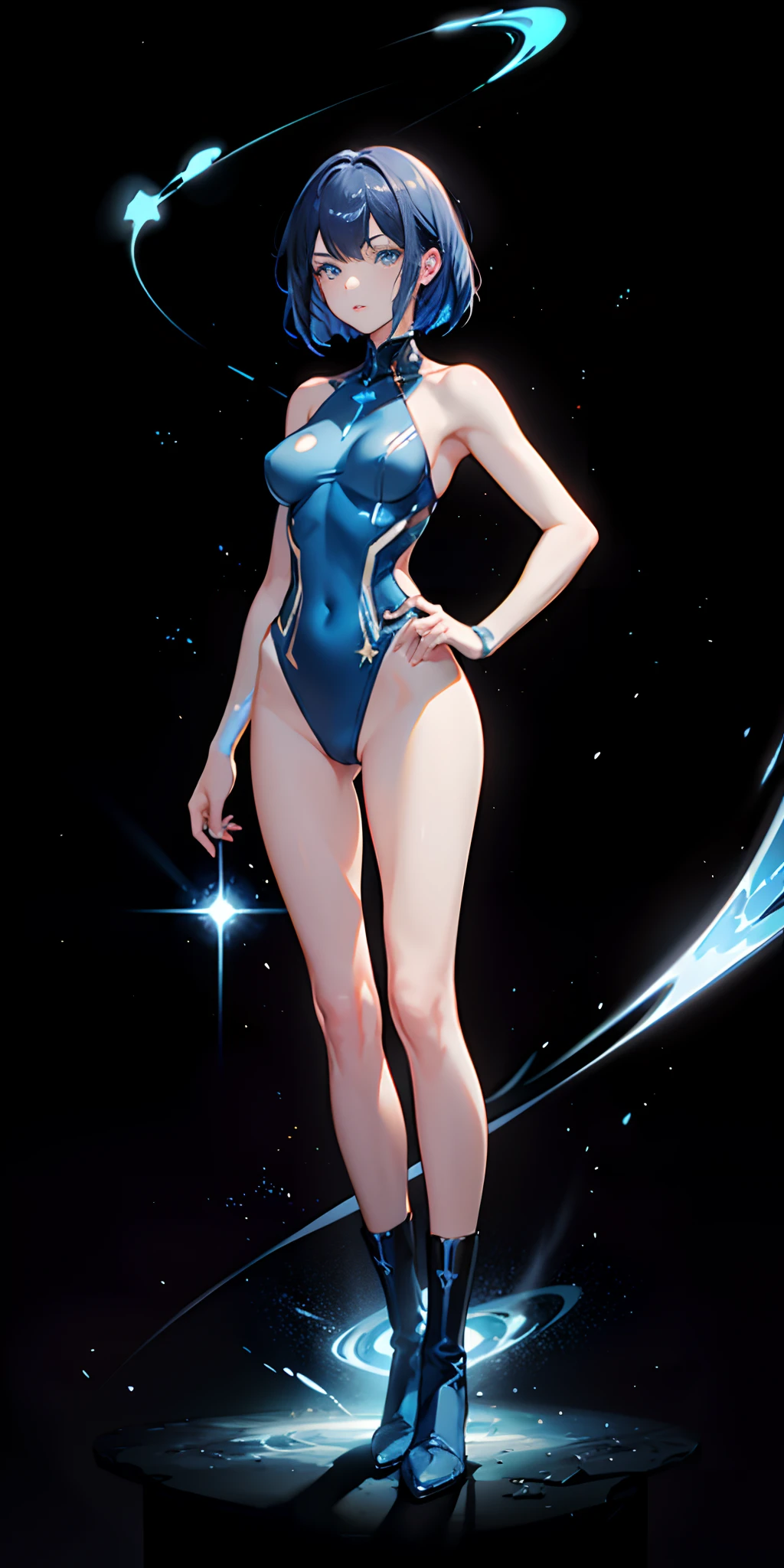 1girl, superhero, leotard, bare legs, boots, matching boots, dark blue hair, dark blue eyes, star symbol on chest, bob hair, medium breasts, light particles, aura, blue aura, stand, standing, space backdrop, magic, hand on hip, beautiful detailed eyes, body infused with blue aura, glowing body