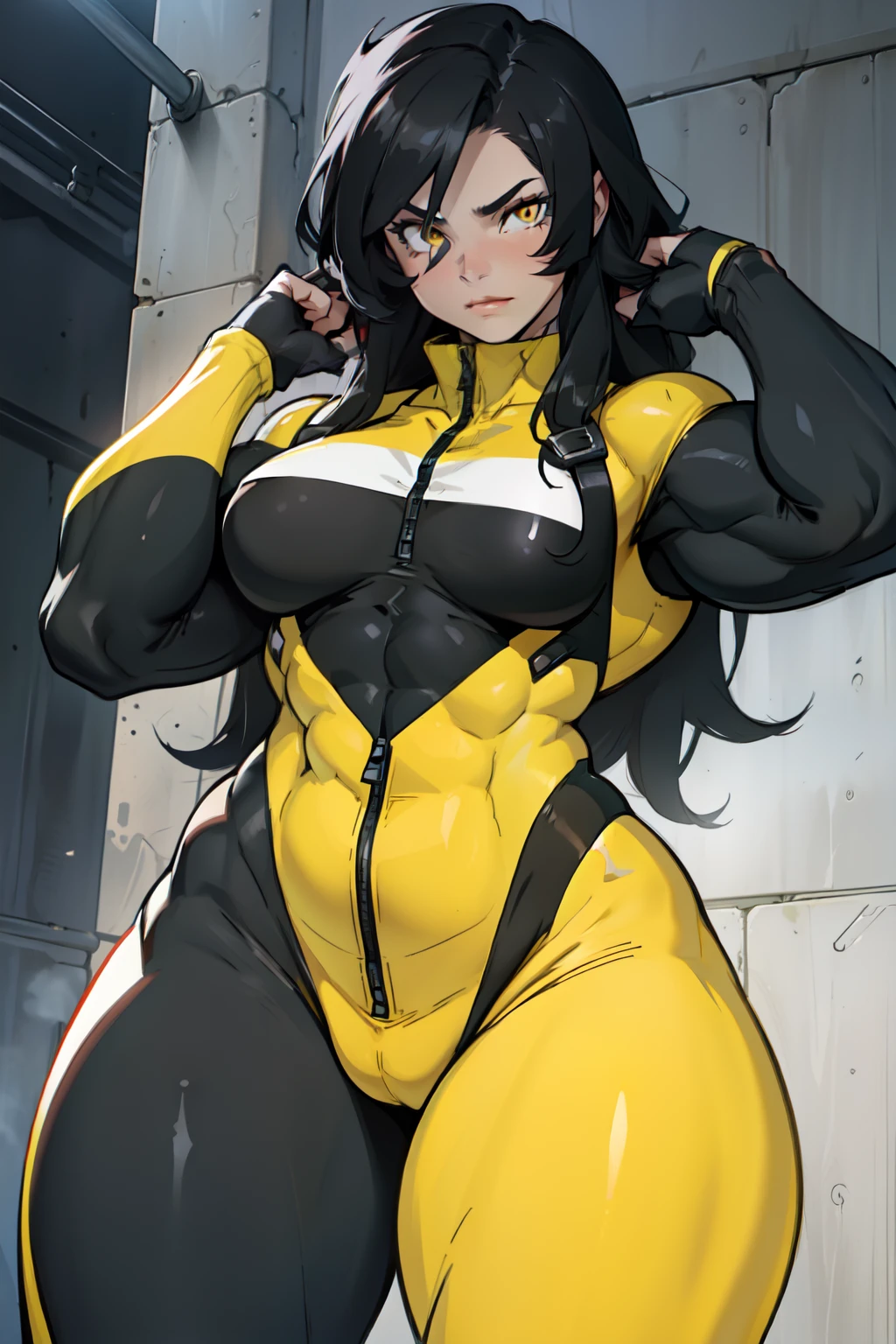 (((((muscular 1 girl thick thighs))))) small breasts black hair long hair (pale skin) solo yellow eyes full black bodysuit