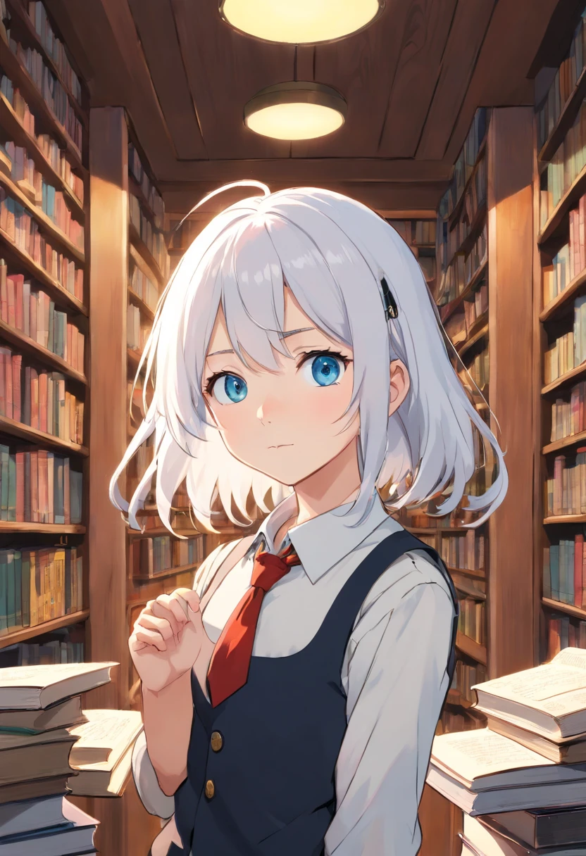 masterpiece,high quality,(((anime art style))),flat color,Sharp,looking at viewer,1Girl,child,White hair,SkyBlue eyes,tsurime,medium hair,hair between eyes,White collared shirt,black collared vest,black shorts,Library, messy room,flower,books,expressionless Face,