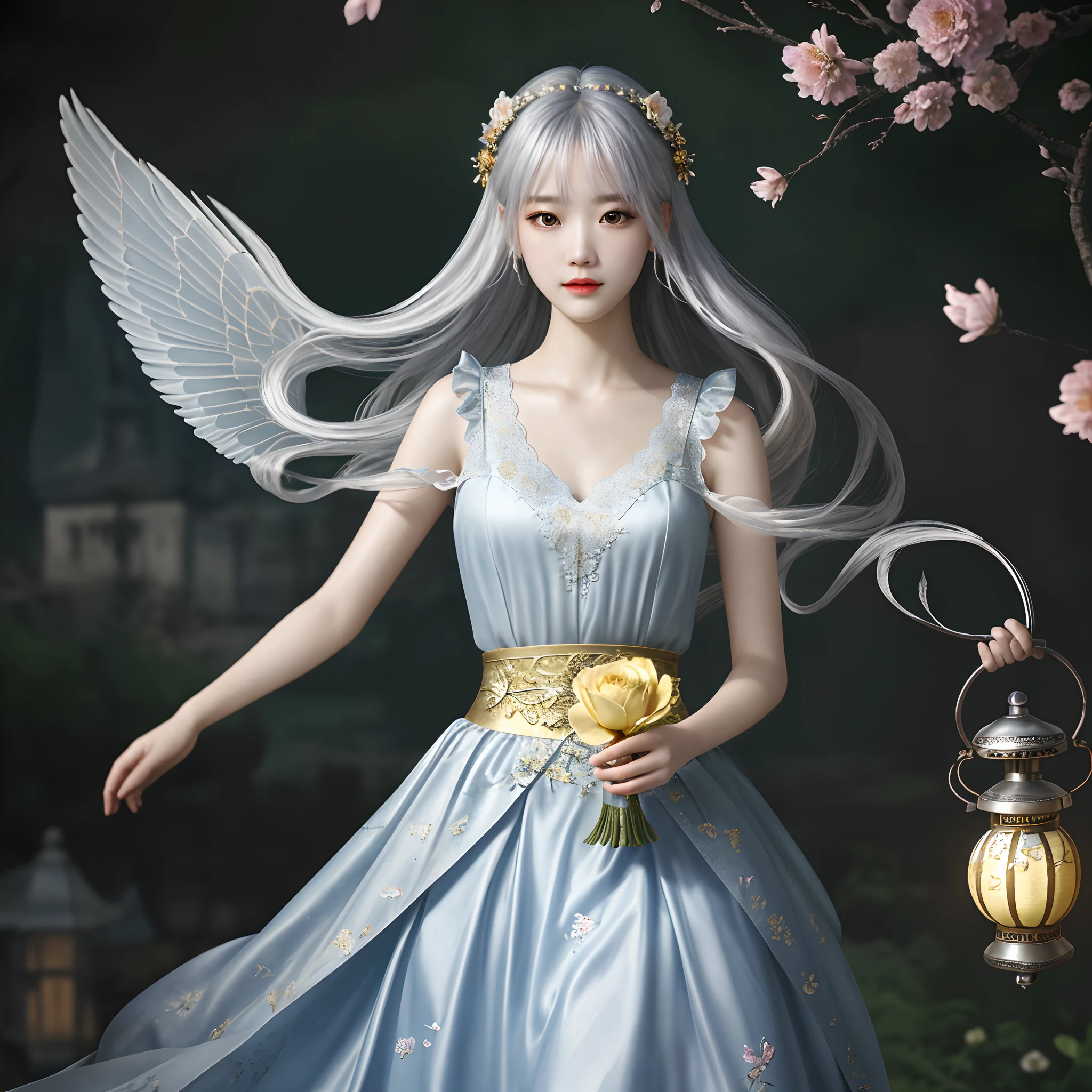 Masterpiece quality, official wallpaper, high-precision CG picture quality, atmospheric antique scene, 1 girl, broken flower skirt, silver hair, golden city wall rising, fluttering Kong Ming lantern, delicate and magnificent