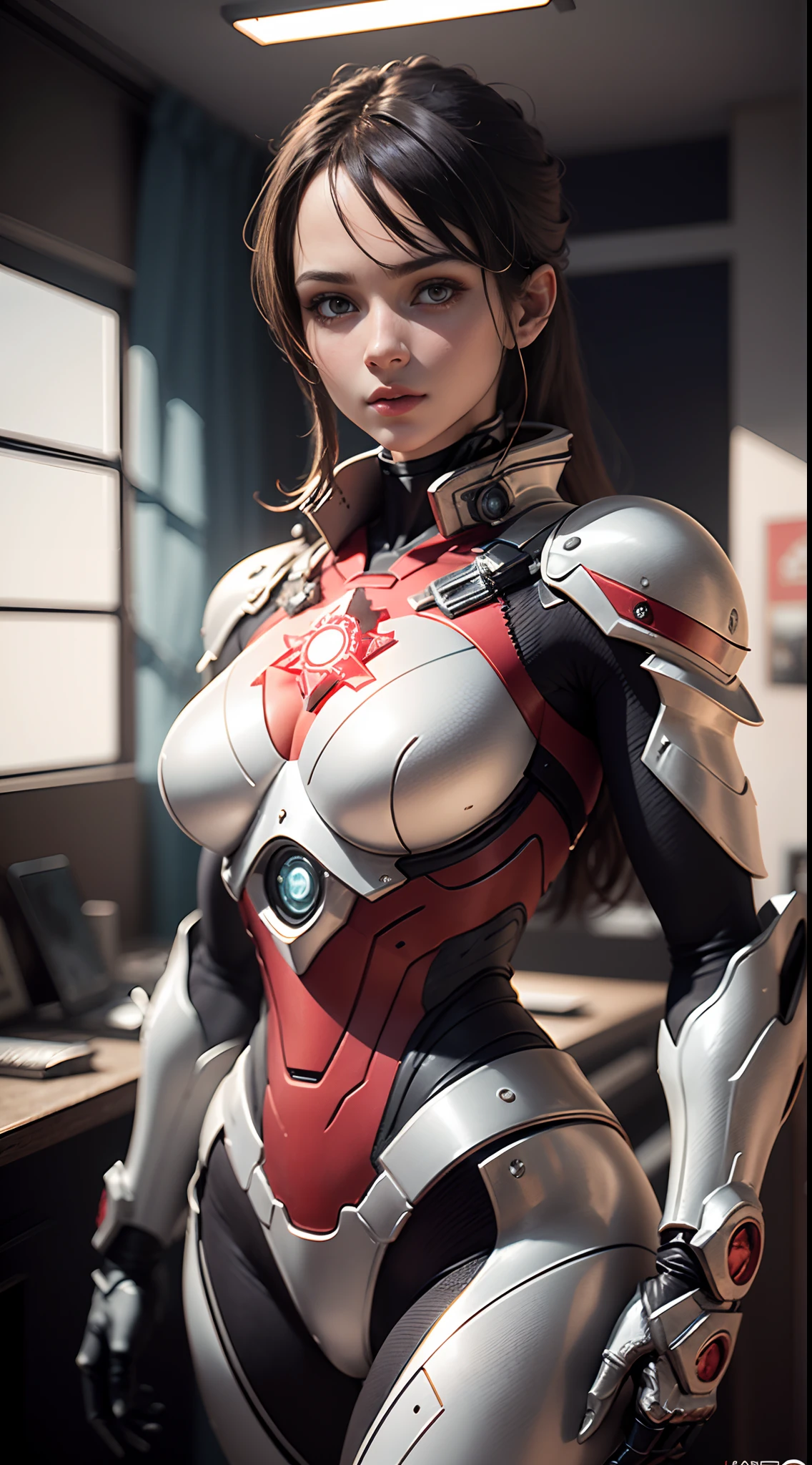 masterpiece，Best quality at best，A high resolution，realistic，upper body，
1 girl，s Ultraman，Red five-pointed starry eyes，Pentagram color timer，looking at the viewer，Red color，Power armor，fully shielded，（semi transparent：1.4），（lascivious poses：1.1），Biomechanicals，
mini city，Reflective metal，lighting dramatic，..3d，Ultra - Detailed，rendering by octane，