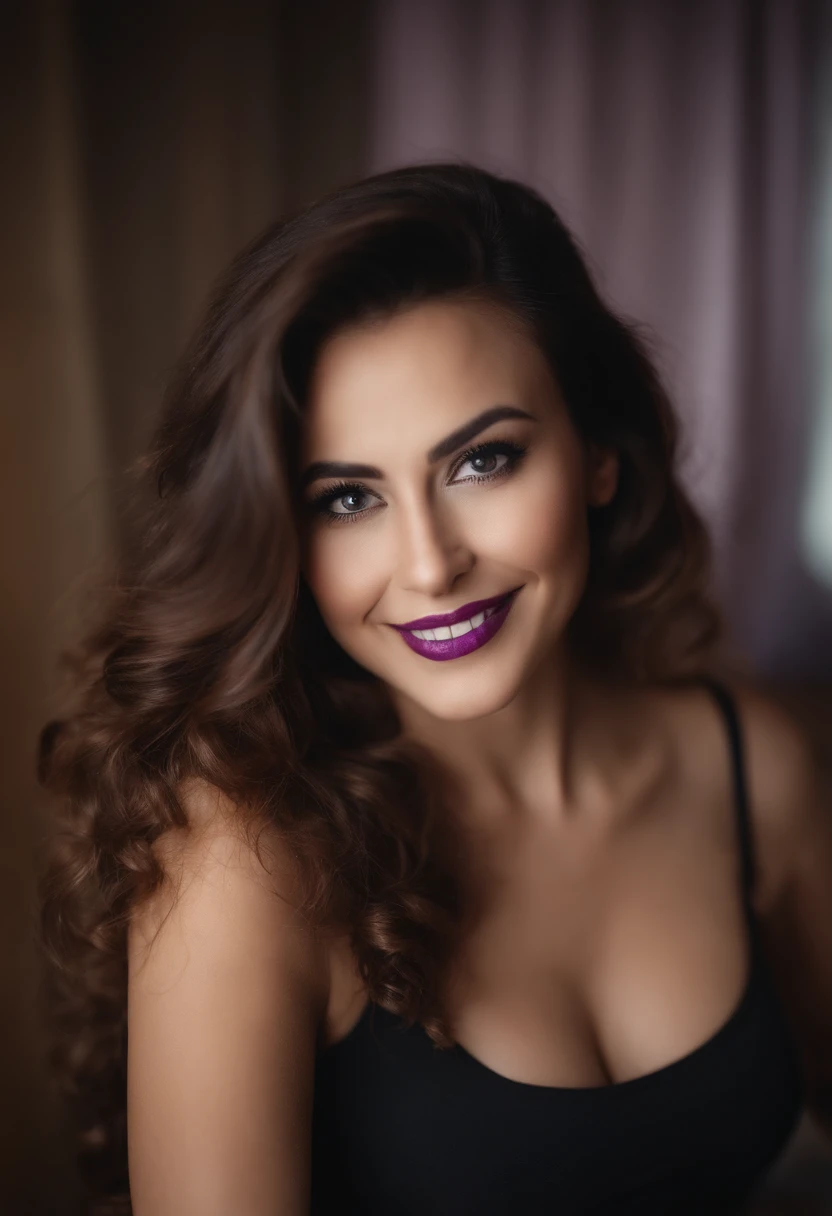 very erotic, professional porn, beautiful smiling two enticing pornstars, NSFW, full lips, teasing daddy, wearing makeup, purple strap spaghetti tank top, wide eyes, long billowy hair, large breasts,