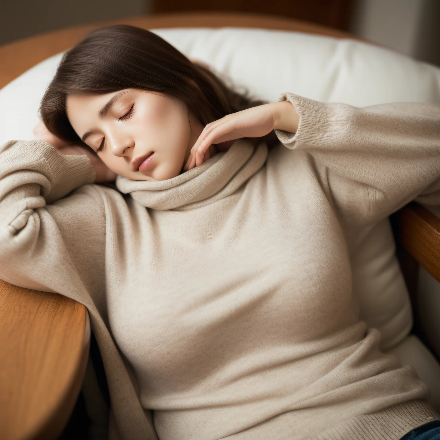 (RAW photo, Best quality), (Realistic, photo-realistic:1.2),High quality, (highdetailskin:1.4), 1girll,curving,Fell asleep on the table,The arm is used as a pillow,Sweaters,huge tit