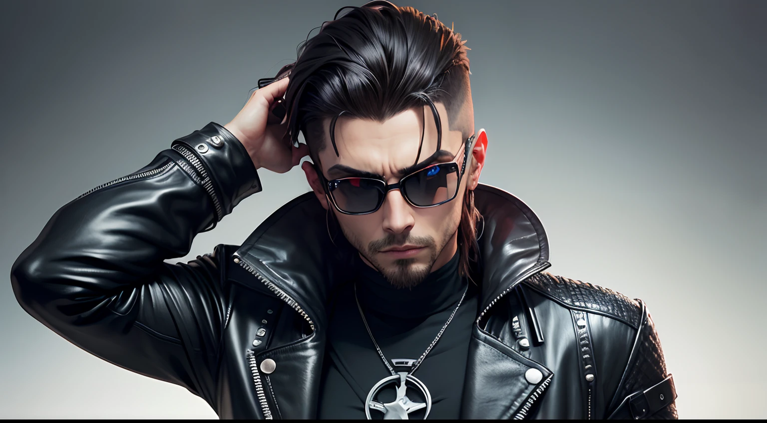 Homem, masculino com Rosto anguloso, queixo forte, cabelo curto e desgrenhado, um olho humano comum e um olho ciborgue, pele clara com cicatrizes sutis.
Futuristic black leather jacket with metallic details, camiseta preta, leather trousers, Rugged boots Augmented reality glasses on top of the head, fones de ouvido futuristas luvas de couro preto, Cybernetic Finger Implantes Postura ereta e confiante, Facial expression, usually serious Cyberpunk style