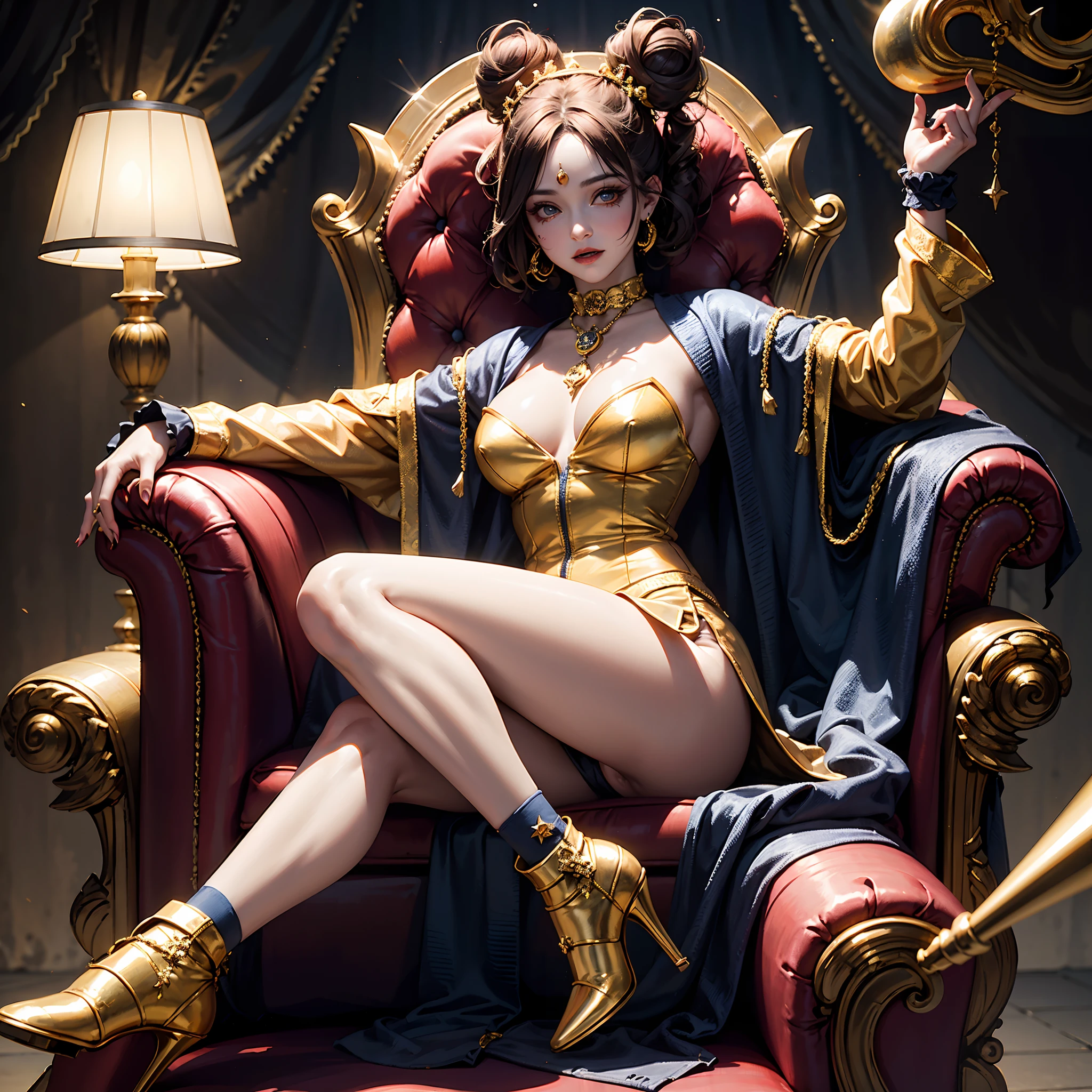 Crazy Clown Queen，sitting on golden throne,Jester cap,Clown costume, mitts,Vibrant colors, burst into laughter, dark gold hair,Cute,Horror,Wavy hair, hair-bun,high-heels。 (It's all blood)，Circus props, spooky ambiance, haunted background。style of surrealism, Sharp contrast,ominous lighting,hdr,hyper HD,Studio lighting,painting-like,Ultra-fine painting,Sharp focus,Physically-based rendering,Extreme detail description,professional,((Horror)).