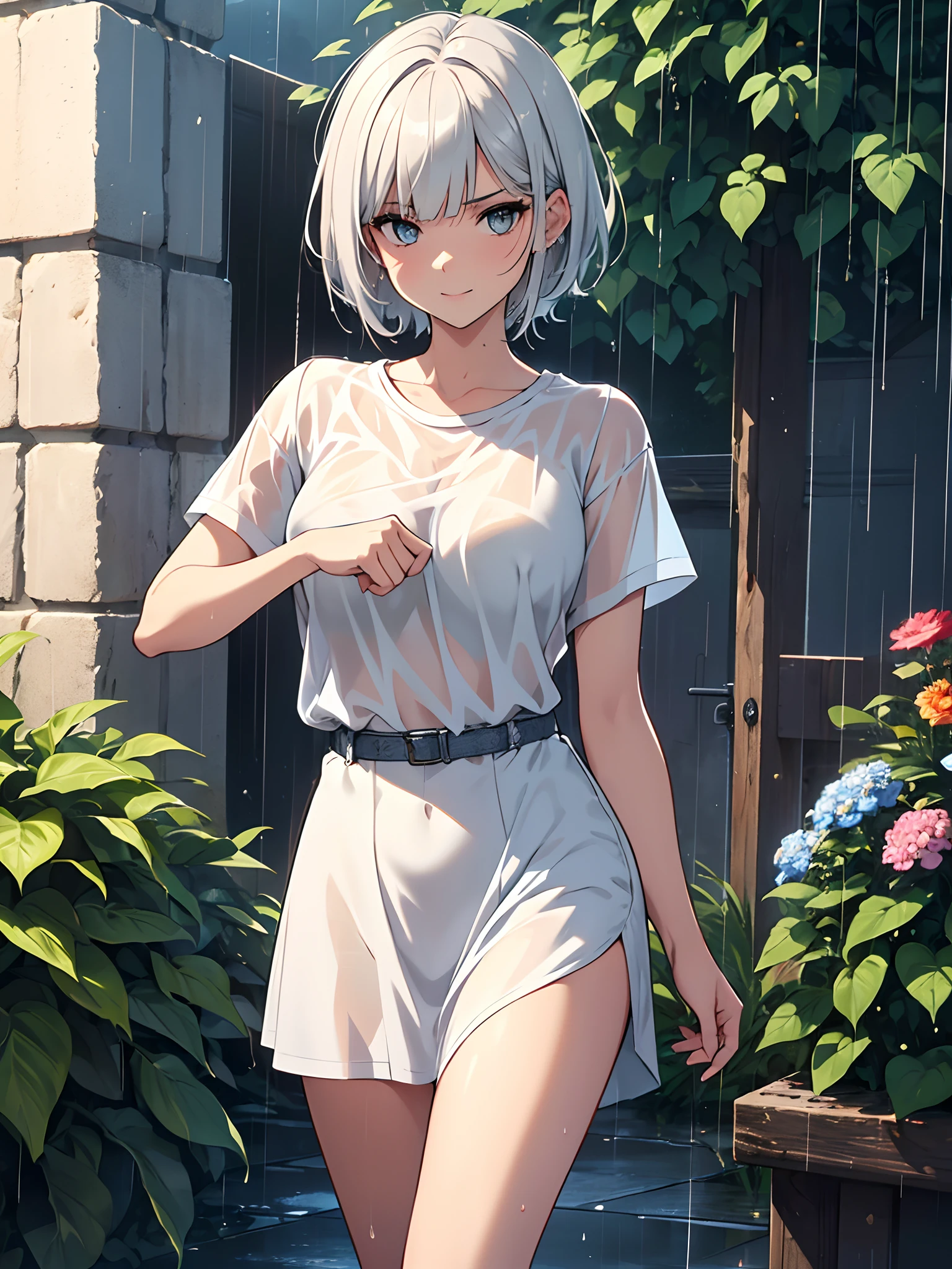 (ultra-realistic, highres, best quality, 4k, professional, cowboy shot), an illustration in Full HD that showcases a 21-year-old girl's cool style, beauty eyes, sharp eyes. Her Asymmetric Pixie hairstyle, silver hair, short hair, and left-facing bangs with red highlights make her stand out. Smile, dynamic pose, She's dressed in a fashioned white t-shirts, Short pants, wet skin, wet face, wet dress, wet hair, (rain, rainy), flower garden, exuding confidence and individuality.