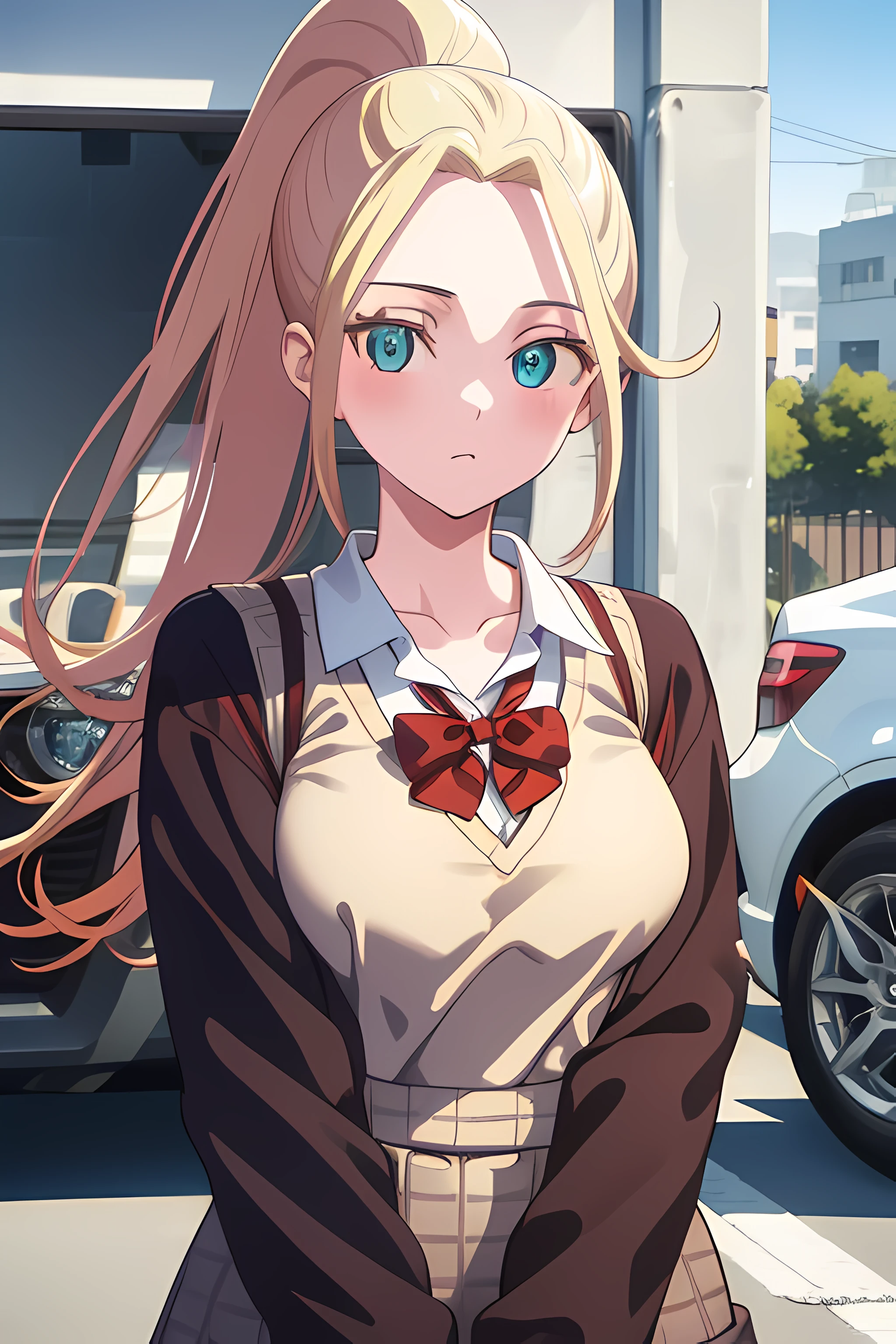 beatrixamerhauser, beatrix amerhauser, long hair, blue eyes, blonde hair, ponytail, (medium breast:1.2),
BREAK (school uniform, brown cardigan, red bowtie, white shirt, black jacket, open jacket), collarbone,
BREAK looking at viewer,
BREAK outdoors,
BREAK (masterpiece:1.2), best quality, high resolution, unity 8k wallpaper, (illustration:0.8), (beautiful detailed eyes:1.6), extremely detailed face, perfect lighting, extremely detailed CG, (perfect hands, perfect anatomy),