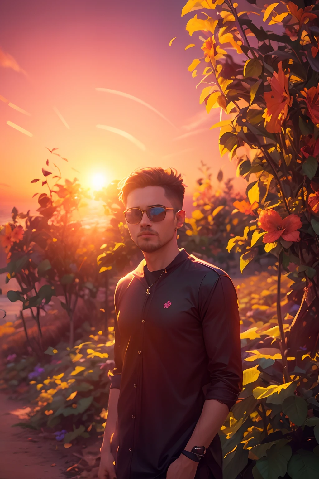 Remove background, sunset flower wall, sunglass, 8k ultra quality